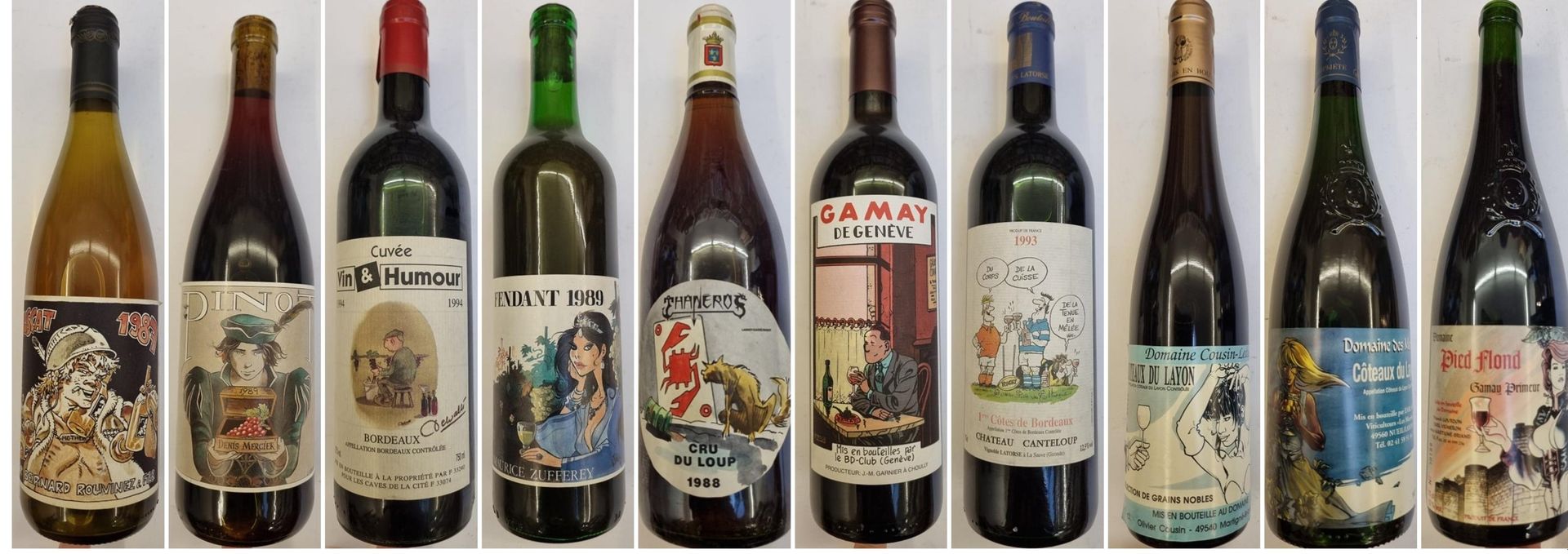 Null Set of 16 wine bottles, decorated by various comic authors. TBE+.