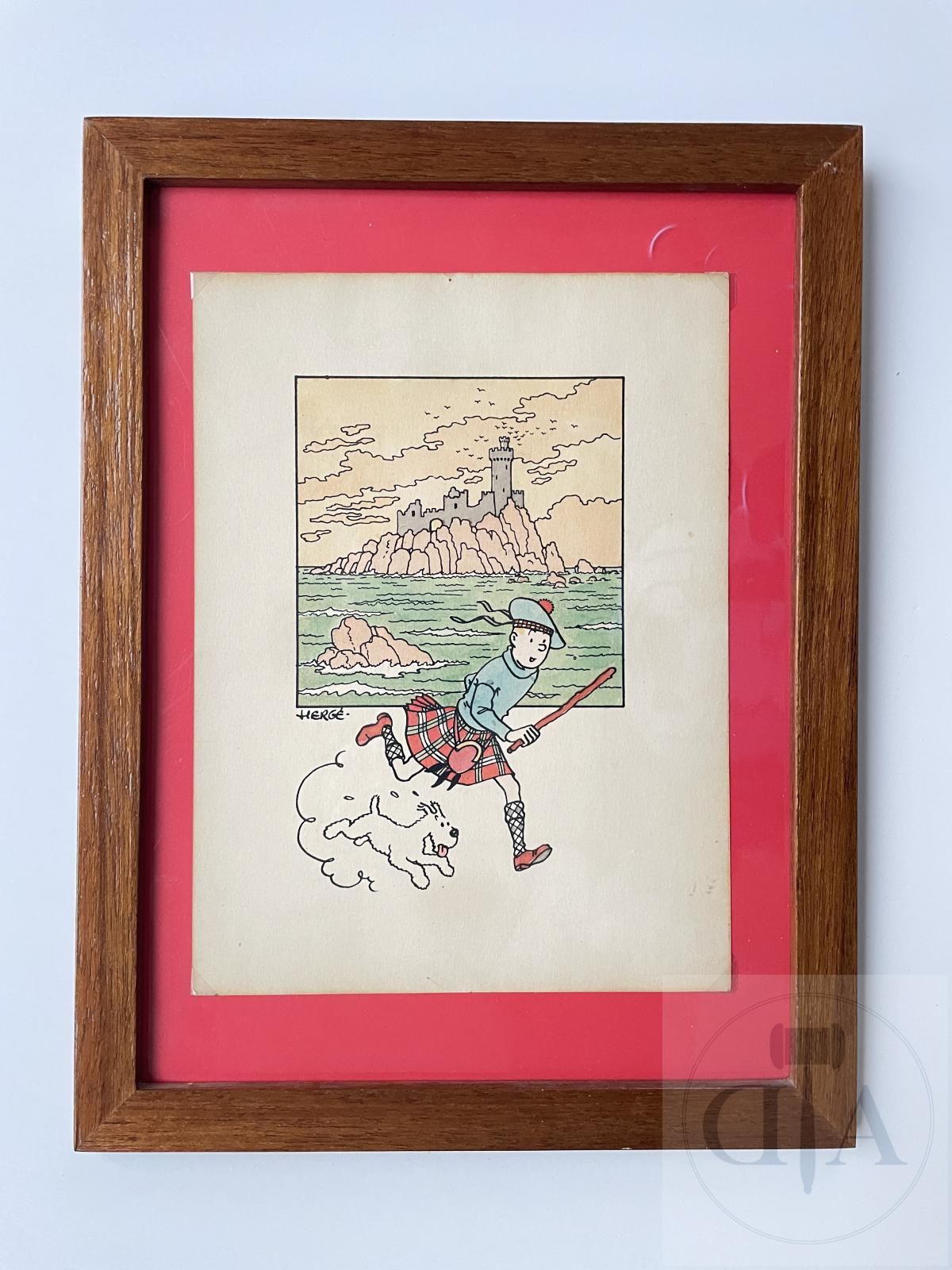 Null Hergé/Tintin. 水彩画印刷品说明丁丁和白雪，出自1945年左右制作的《黑岛》画册。 罕见的。 TBE+。 包括框架：26 X 34厘米

&hellip;