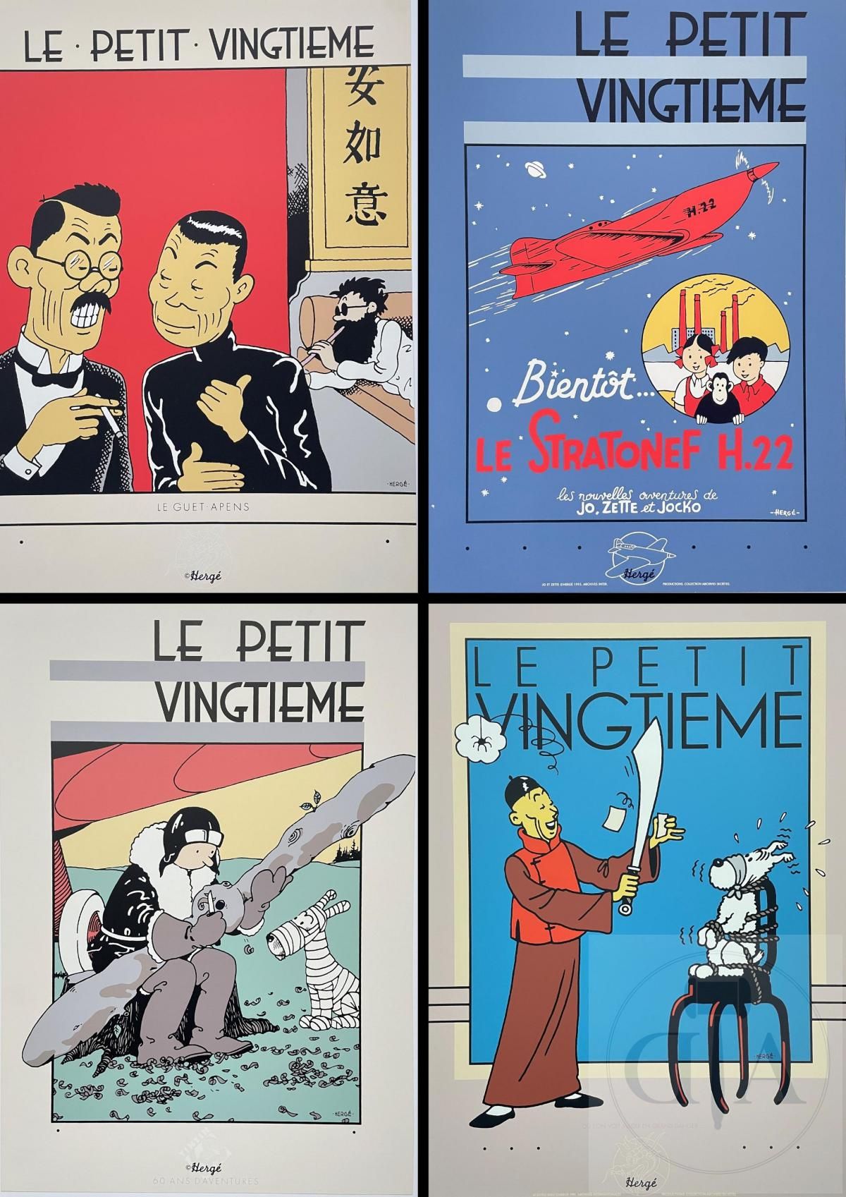 Null Hergé/Tintin. 一套4张绢印画 "小20"，由 "国际档案馆 "在1990年左右出版。 新状态。50 X 35厘米