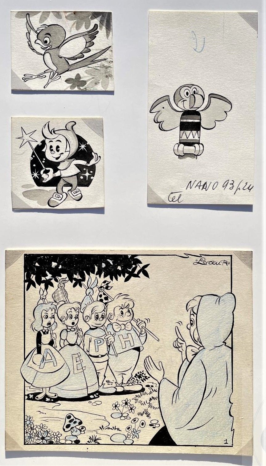 Null 克劳德-马林/一套4幅画，为马里亚克的出版物绘制各种人物的插图。 印度墨水和蓝色铅笔，1950年左右。 罕见的。 这套书被分组在一张A4纸上。 TBE&hellip;