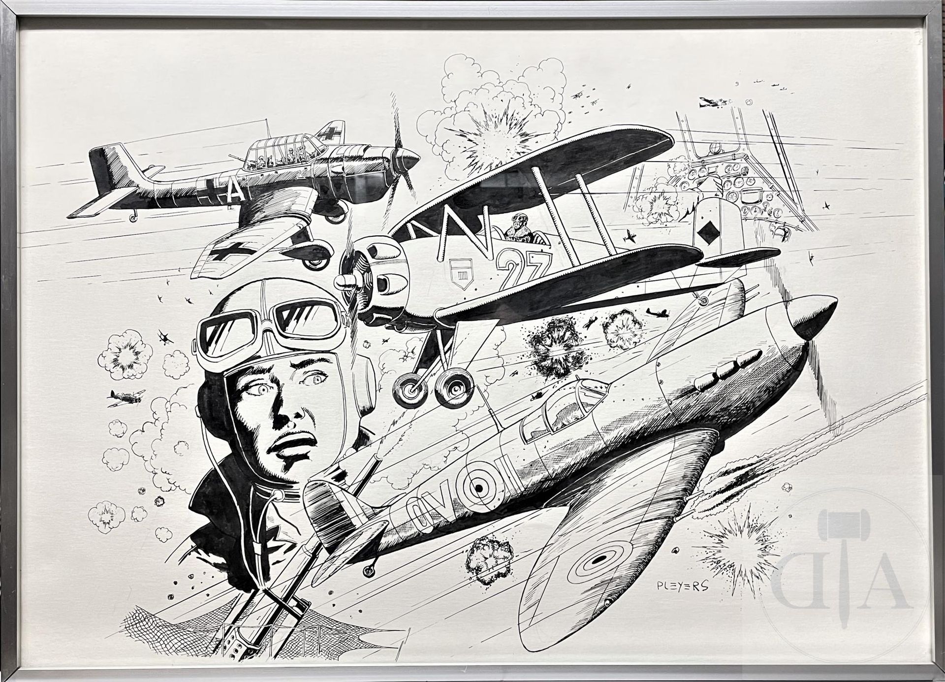 Null Pleyers Jean/Dessin original illustrant des avions de chasses de WW2. Œuvre&hellip;