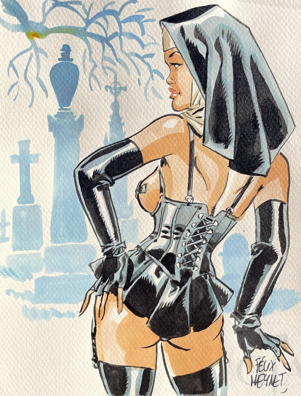 Null Meynet/Original drawing illustrating a sexy nun in a latex suit. Gouache. S&hellip;