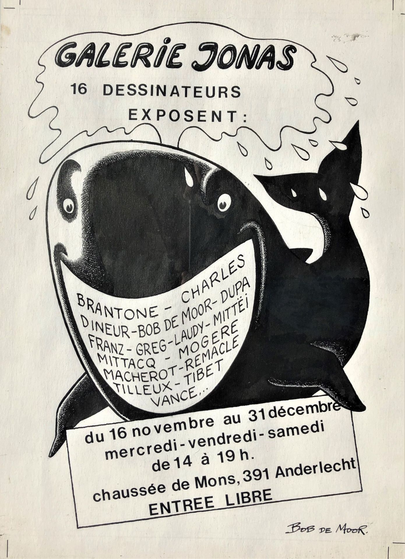 Null 鲍勃-德-摩尔 原创图画说明了一条微笑的鲸鱼，嘴里含着16位漫画家的名字。 1980年左右为布鲁塞尔的乔纳斯书店的海报所做的工作。 印度墨水在纸上。 &hellip;