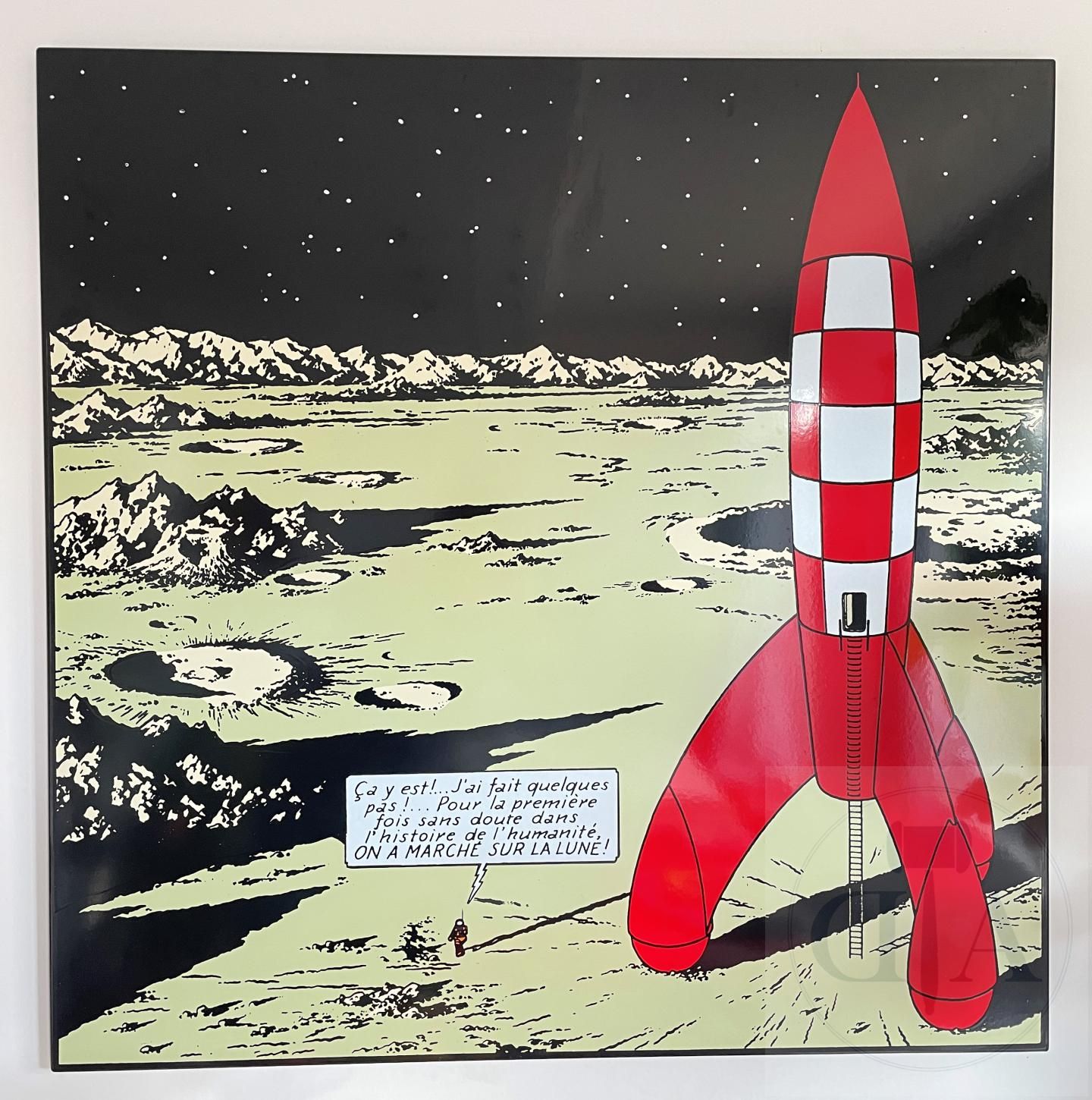 Null Hergé/Tintín. Placa esmaltada que ilustra una caja del álbum "On a marché s&hellip;