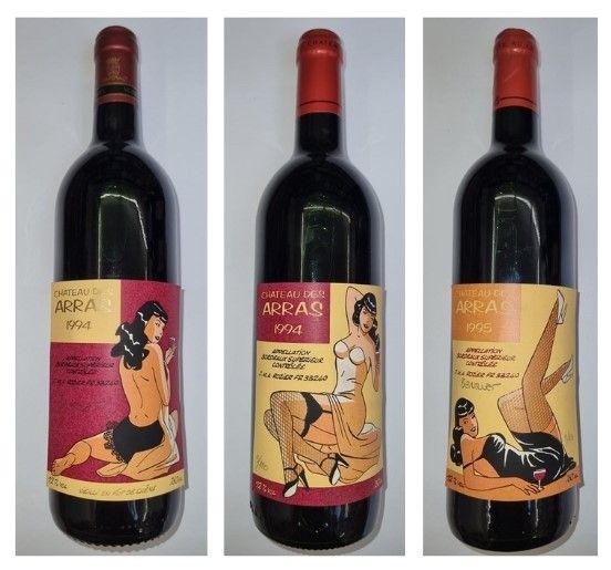 Null Berthet/Pin-Up. Trio of bottles "Château des Arras" 1994 and 1995. Signed a&hellip;