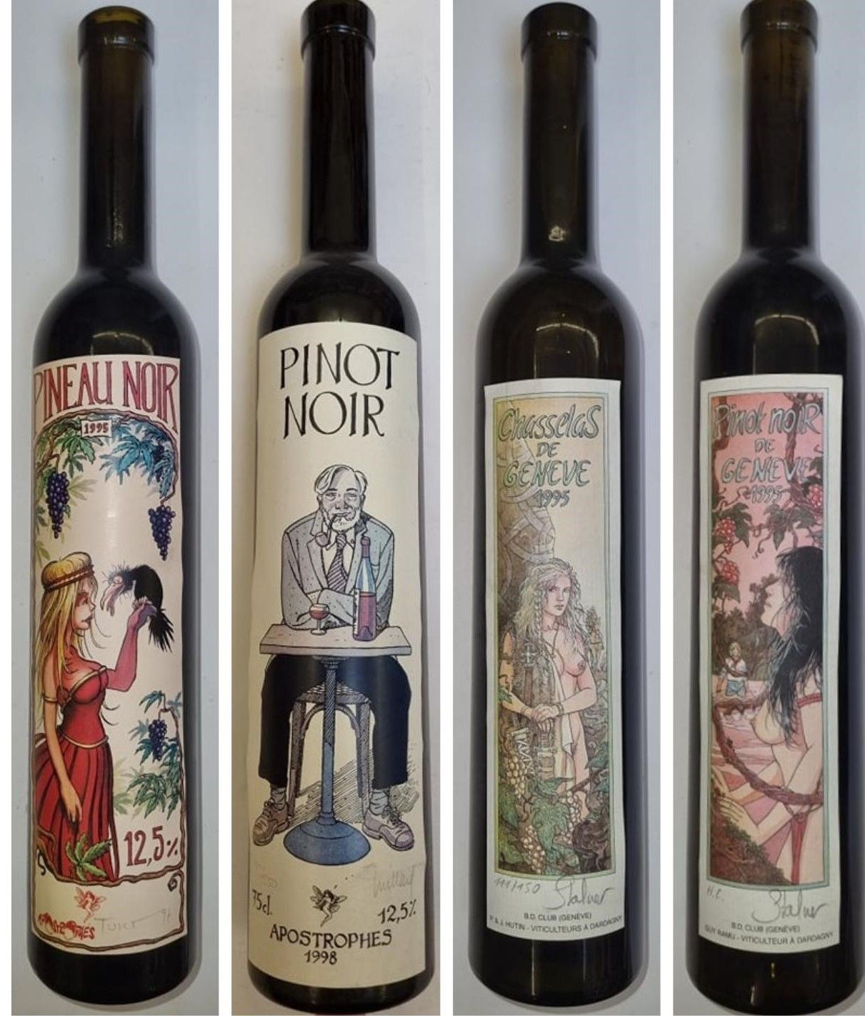 Null Set di 4 bottiglie di Pinot decorate da: Stalner, Tignons e Juillard. Firma&hellip;