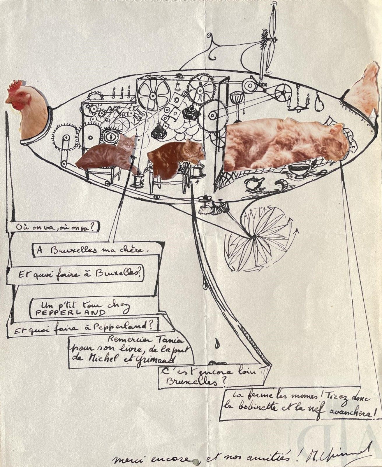 Null 格里莫-米歇尔/超现实主义绘画，为感谢佩珀兰书店的塔尼娅而作。 印度墨水和拼贴的照片，1985年左右。 罕见的。 TBE中间有一道折痕。 格式A4

&hellip;