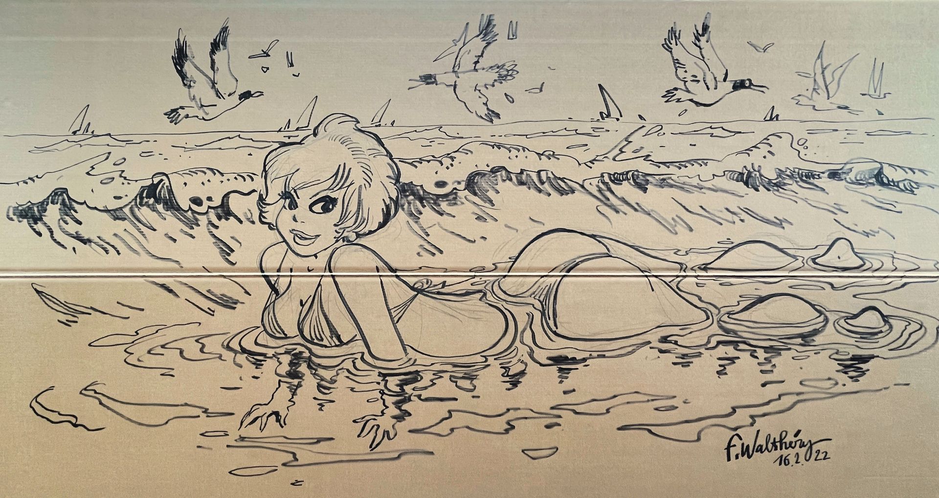 François Walthéry. Œuvre originale illustrant "Natasha dans l'eau" réalisée à la&hellip;