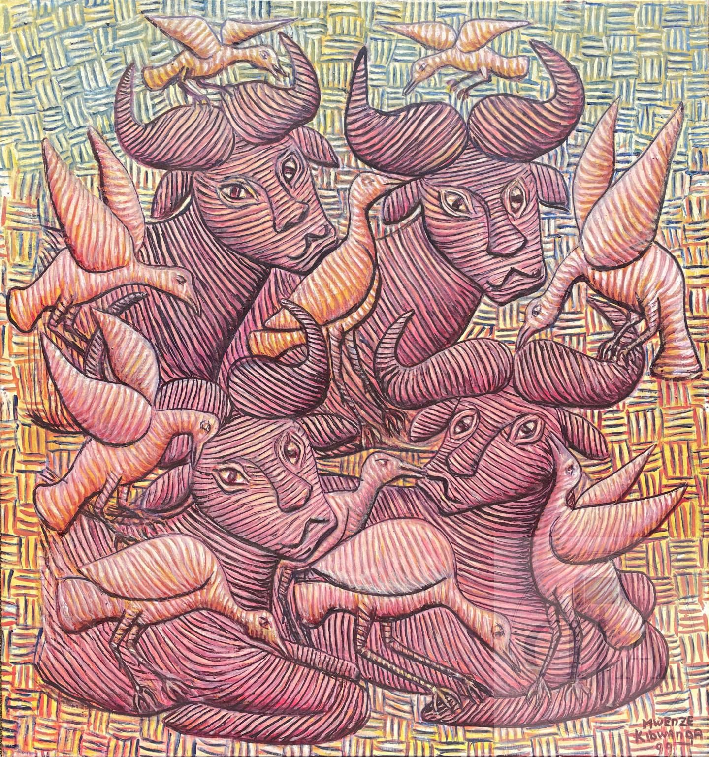 Null 原创作品/Mwenze Kibwanga。 布面油画，在柳条背景上描绘了水牛和鸟。 一件高质量的作品，涵盖了优雅的粉色调的调色板。 签名和日期为199&hellip;
