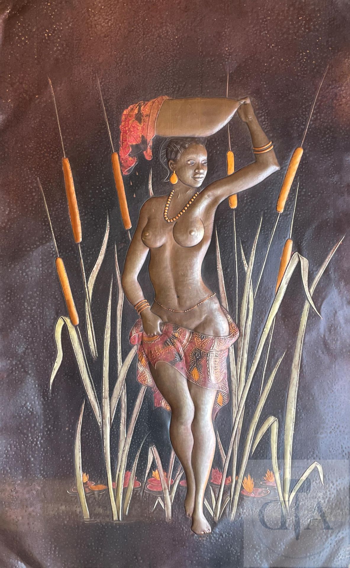 Null 原创作品/Intuba。 描绘非洲妇女裸露躯体的画作，由彩绘和压花铜制成。 1980年左右签署的。 精致和大型的作品。 有磨损的TBE。50 X 80&hellip;