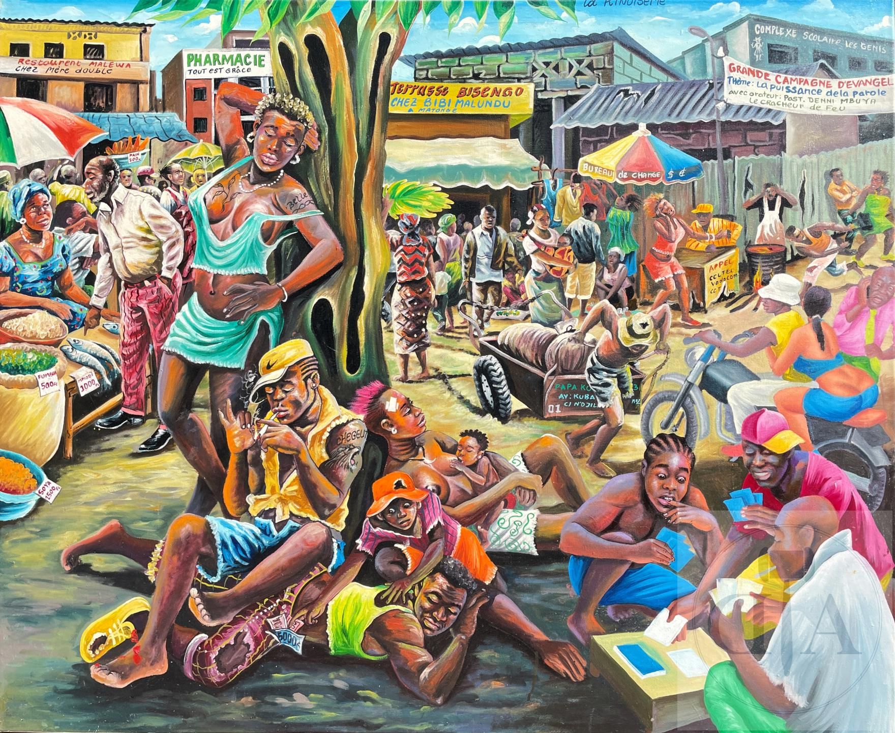 Null 原创作品/Mpoo Lofénia Jean Claude。 描绘金沙萨热闹的市场场景的布面油画。 背面有签名。 TBE+。 120 X 100厘米
&hellip;