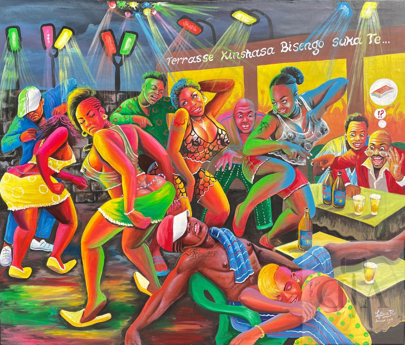 Null 原创作品/Mpoo Lofénia Jean Claude。 画布上的油画描绘了一个热闹的夜总会场景。 签名和日期为2015年。 TBE+。 120 &hellip;