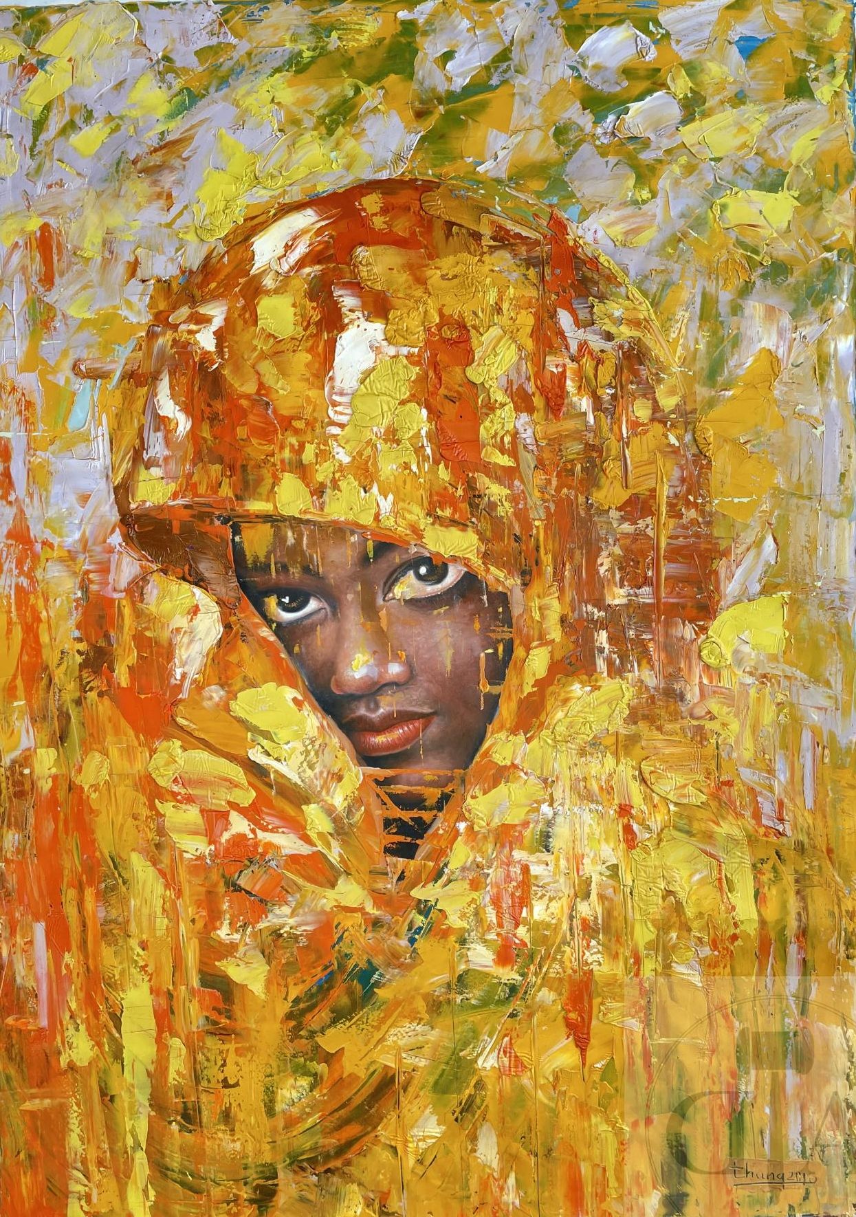 Null 河内画派/原创作品，插图是一位非洲妇女的肖像，目光坚毅，戴着黄色面纱。极好的执行质量：表面被精细地磨平，而织物的材料使用丰富而紧张。布面油画，有签名和&hellip;