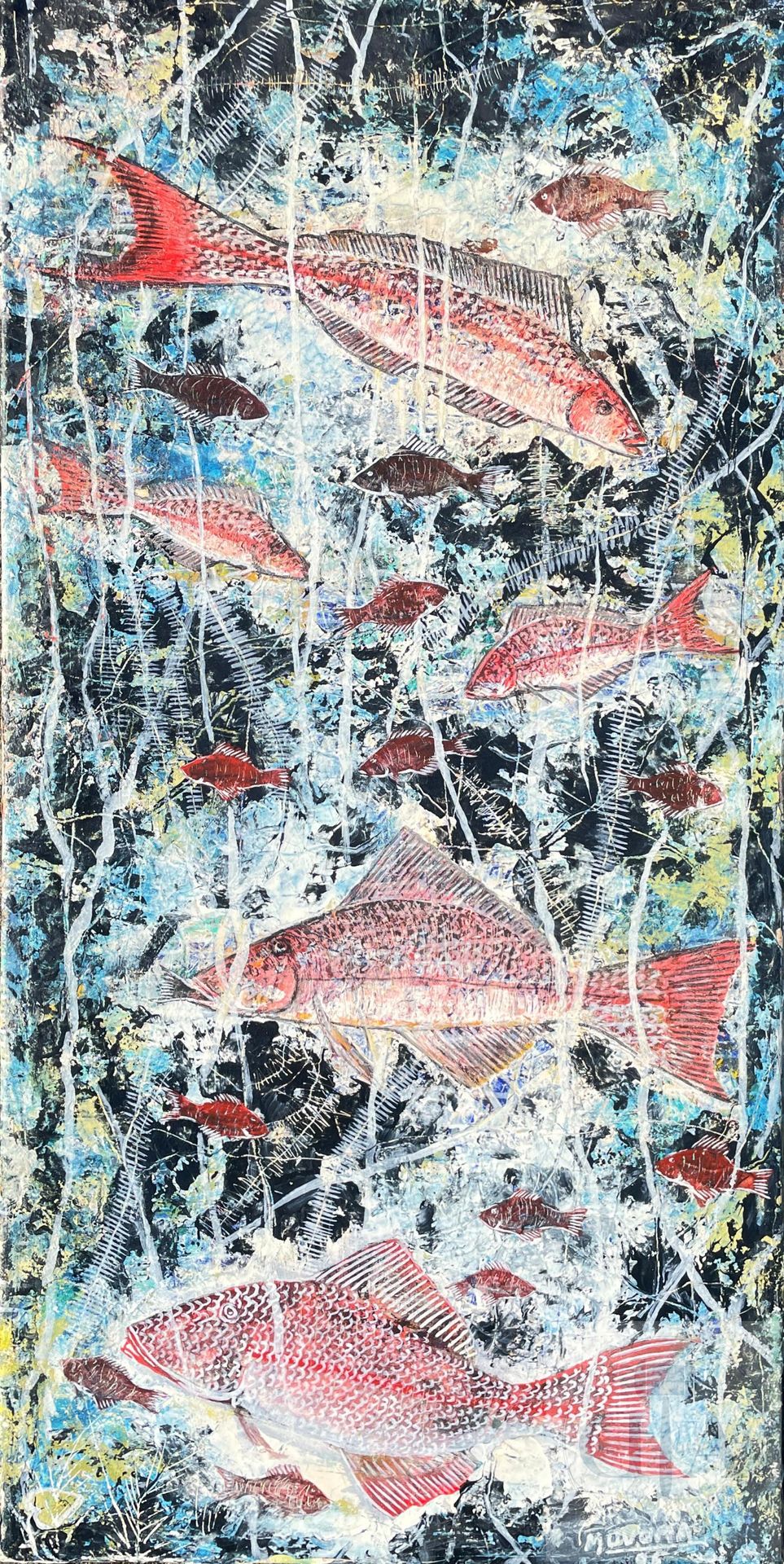 Null Opera originale/Muvuma Ngoie Frédéric. Olio su tela raffigurante pesci. Fir&hellip;