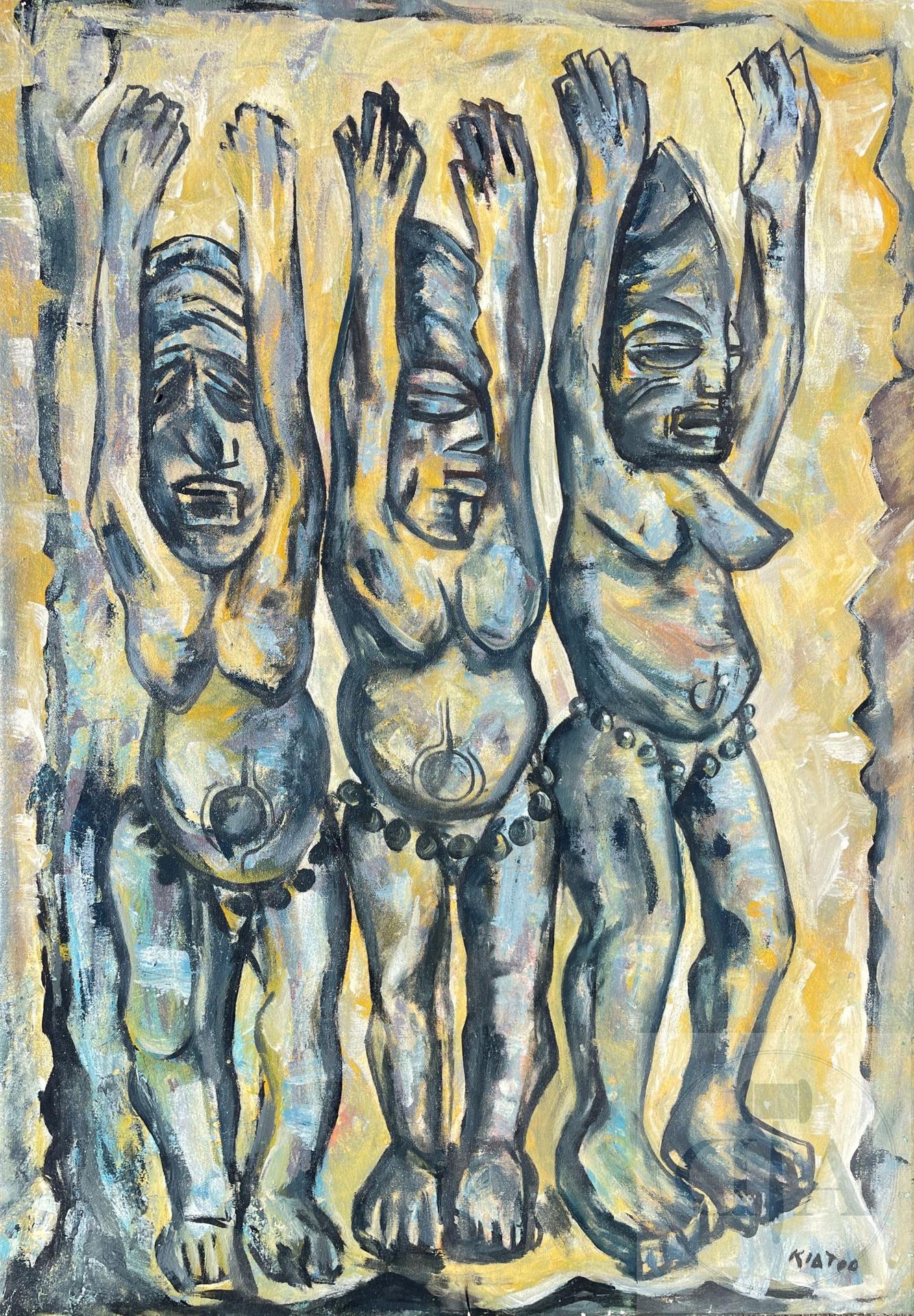 Null 原创作品/Jean Kita Wantan。 画布上的油画描绘了3个戴面具的妇女在跳舞。 签名并注明日期为2000年。 TBE. 55 X 78 cm&hellip;