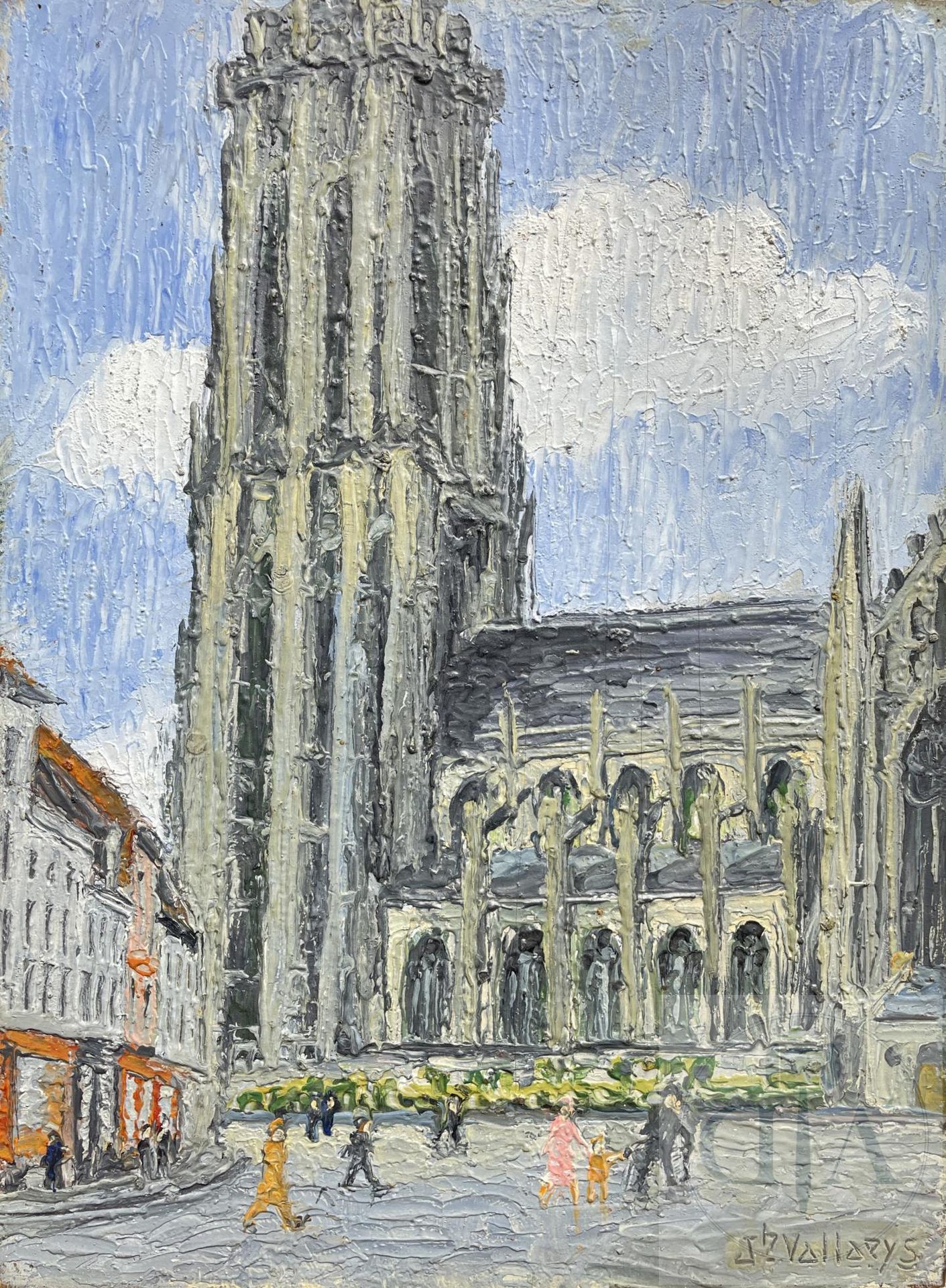 Null J.Valarys/原创作品，描绘梅赫伦的圣隆布特大教堂的塔楼。 签名和日期为1927年。 用刀完成的板上油画。 TBE+。 X厘米



圣隆布特大&hellip;