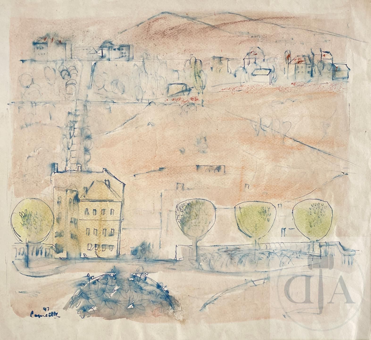 Null 科尼利厄斯/原创青年作品，说明风景/城市景观。 纸上水墨、水彩和粉笔。 有签名和日期的是1947年。 罕见的。 45 X 45厘米。 



作品附有&hellip;