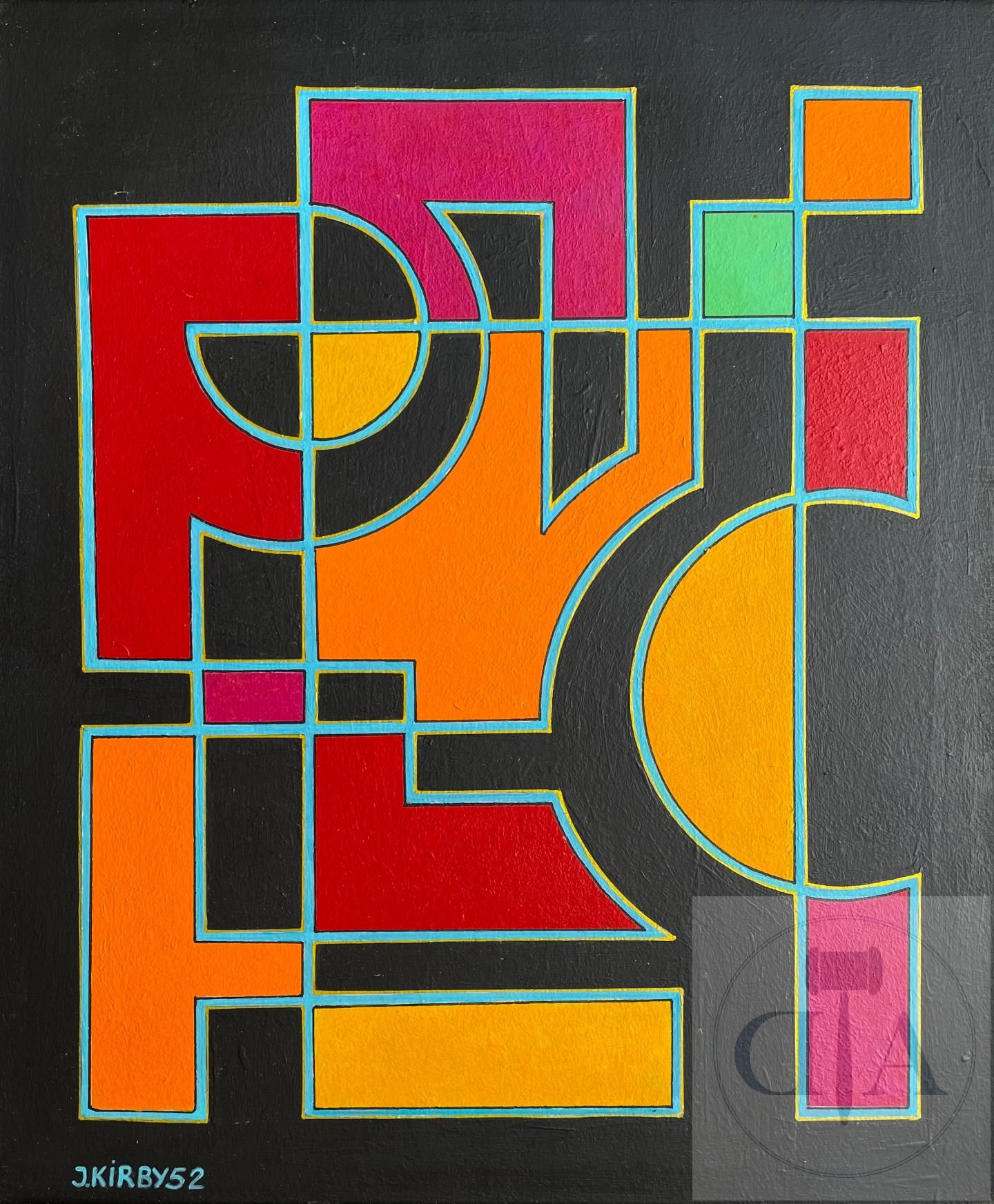 Null 科比-约翰/原创的高质量作品，在黑色背景上说明了一个几何组成。 布面油画，有签名，日期为1952年，背面有艺术家的印章。 TBE+。 包括原始框架：5&hellip;