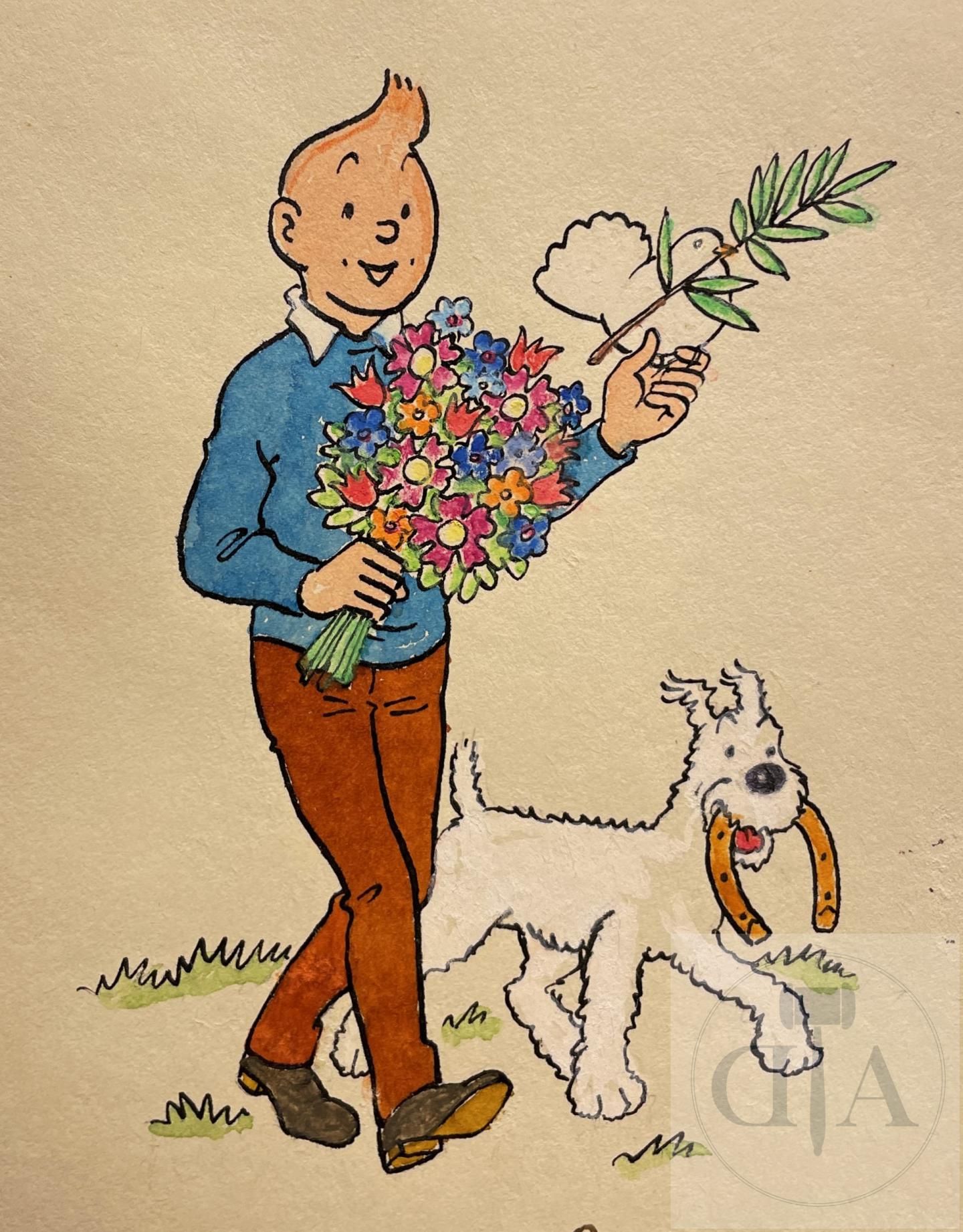 Hergé dessin original 
Hergé/Tintin. 丁丁拿着一束花、槲寄生和一只鸽子，白雪拿着马蹄铁的原创签名画作。 出自大师之手的极好的&hellip;