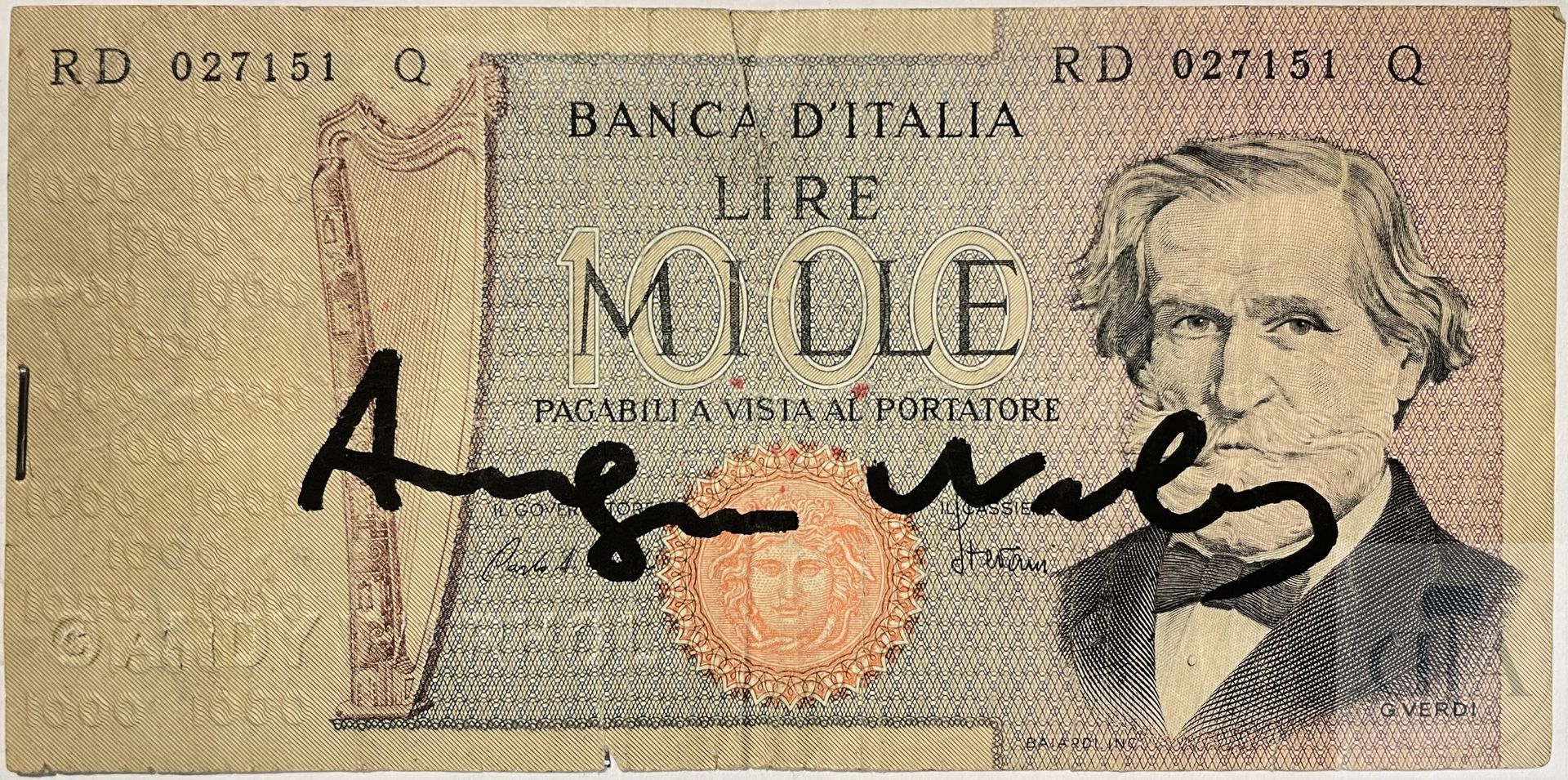 Null 安迪-沃霍尔/原创作品 "测试签名美元"。 一张由艺术家签名的1000里拉纸币。 背面有艺术家遗产的印章+苏富比的保证印章，编号为TBE。 包括安迪-&hellip;