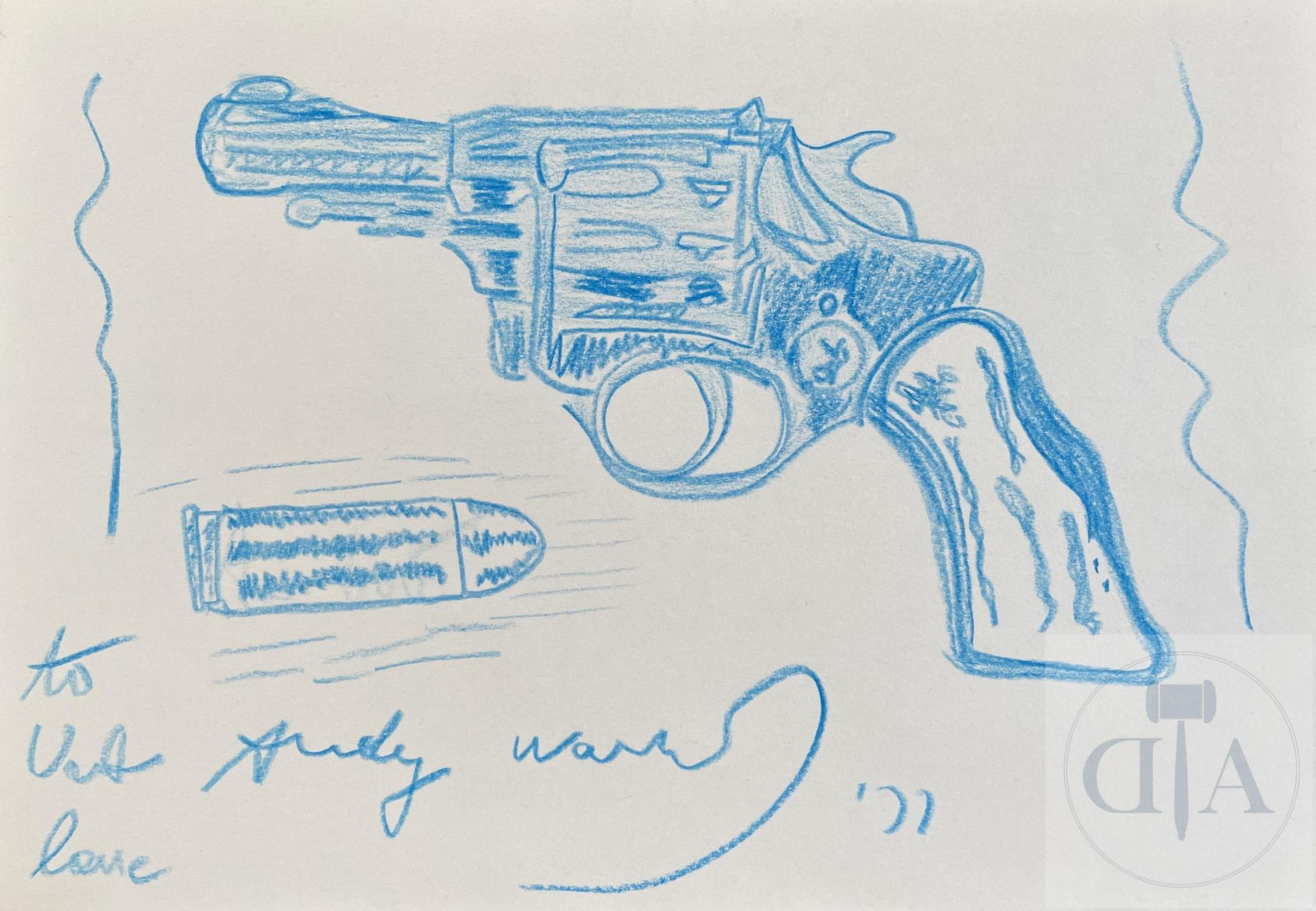 Warhol Andy POP ART 安迪-沃霍尔/原创作品。 图示柯尔特38型左轮手枪的子弹。 签名、日期和献给 "给乌尔布爱"。 蓝色铅笔在纸上，约197&hellip;