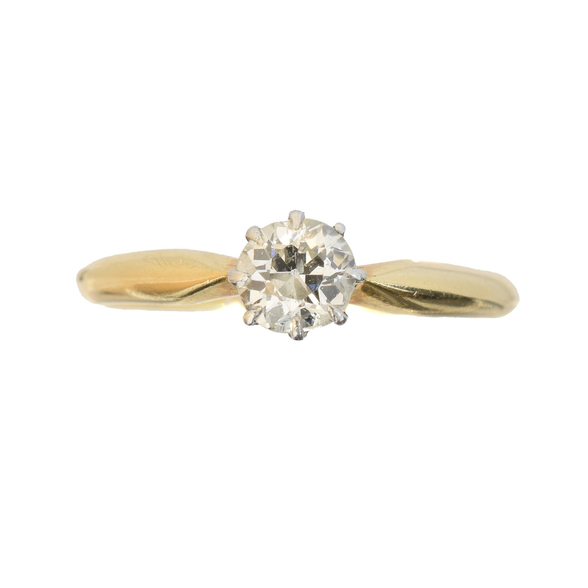A diamond single stone ring, 
一枚钻石戒指，老式切割钻石重约0.40克拉，八爪镶嵌，估计颜色为J-K，估计净度为P1，印有18ct&hellip;