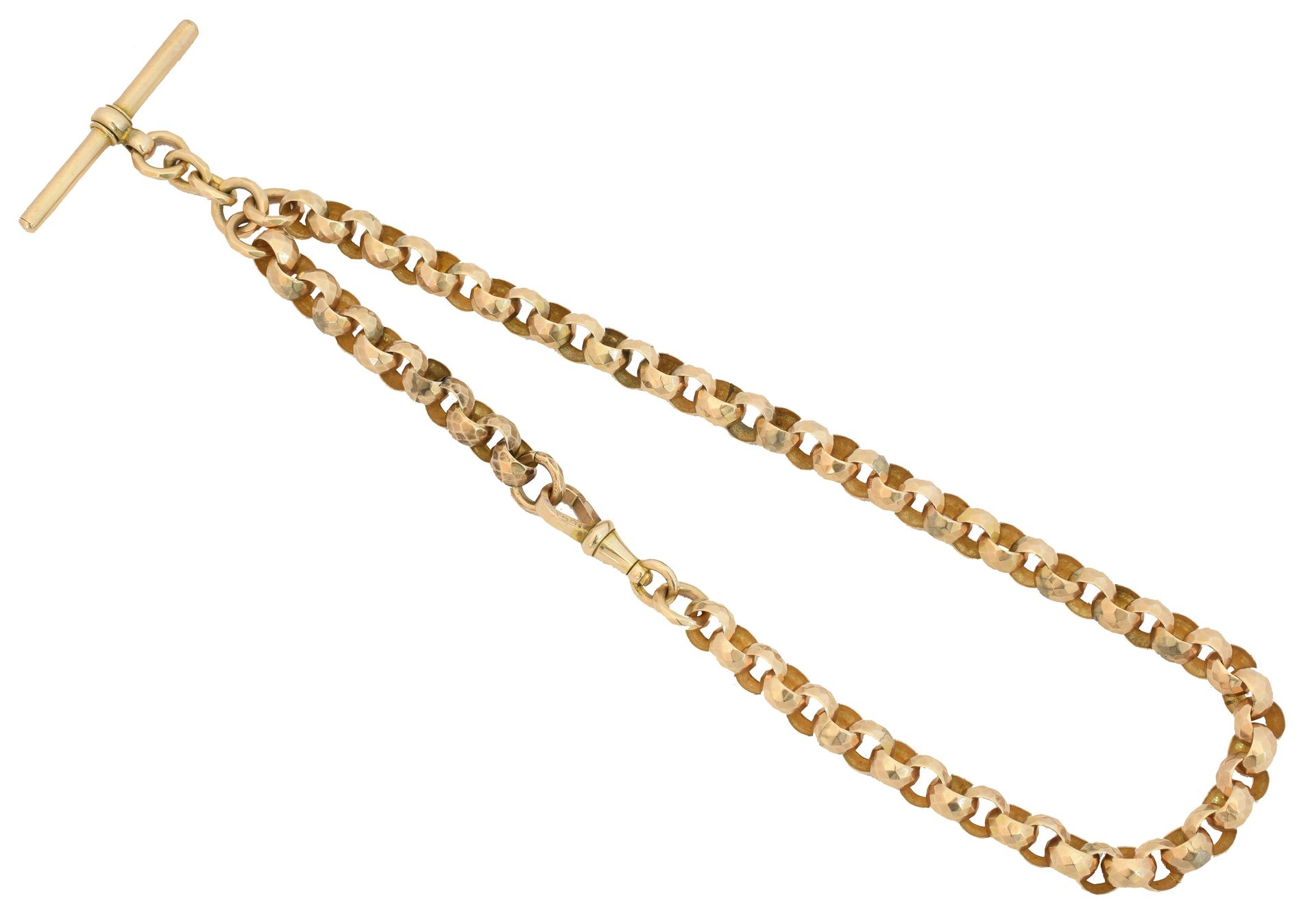 An Albert chain, 
一条阿尔伯特链，刻面的贝壳链带有T形杆附件和龙虾扣，印有10ct，长37.4厘米，毛重23.7克。

整体状况良好到尚可

&hellip;