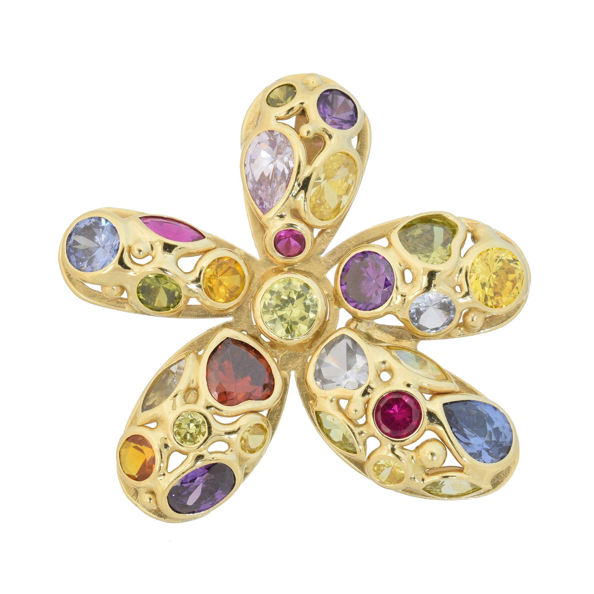 A gem-set floral pendant, 
镶嵌宝石的花形吊坠，包括合成红宝石在内的各种形状的宝石，镶嵌在镂空的花形吊坠上，印有14K，长3.7厘米，&hellip;