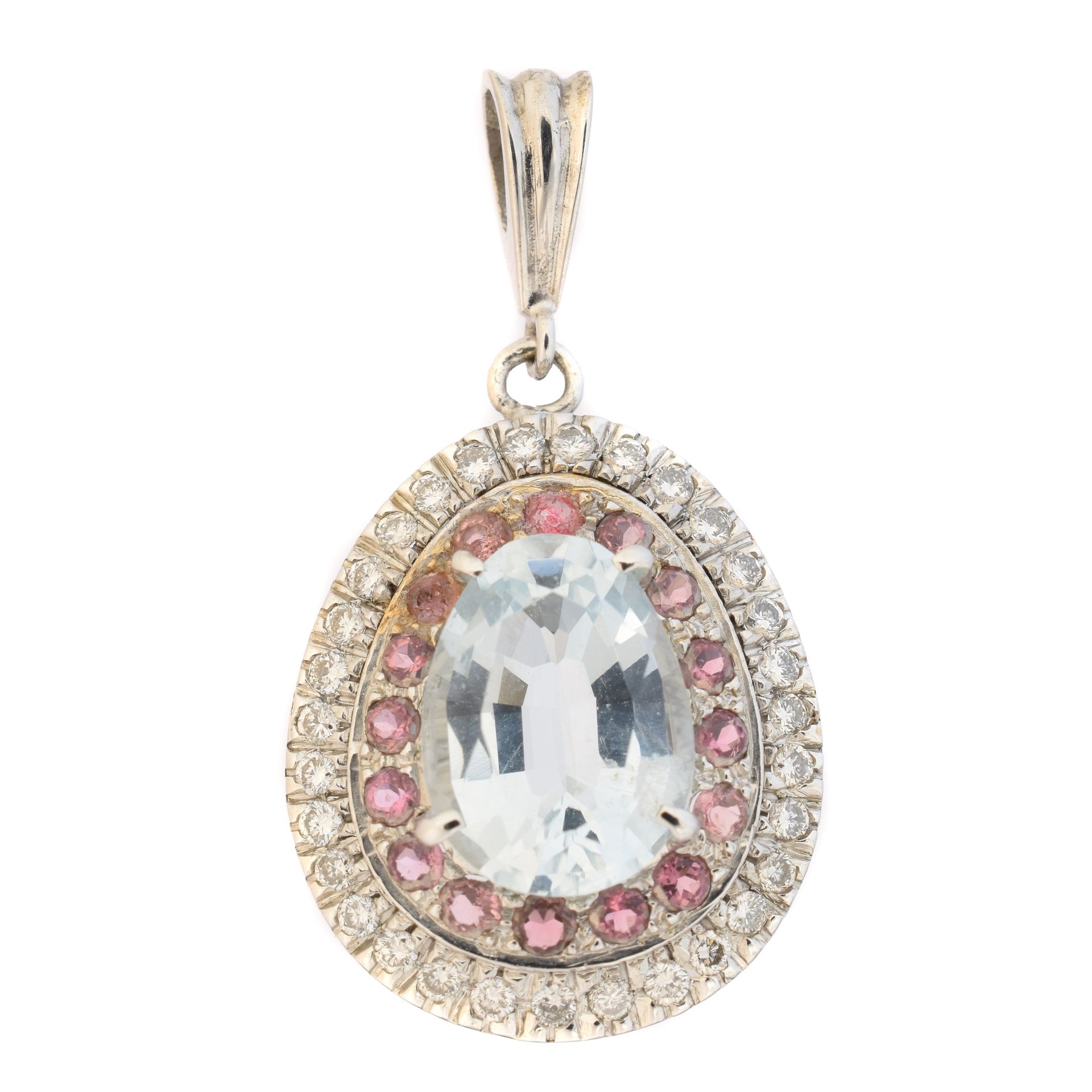 An aquamarine, sapphire and diamond pendant, 
海蓝宝石、蓝宝石和钻石吊坠，梨形海蓝宝石重约2.20克拉，周围是圆形&hellip;