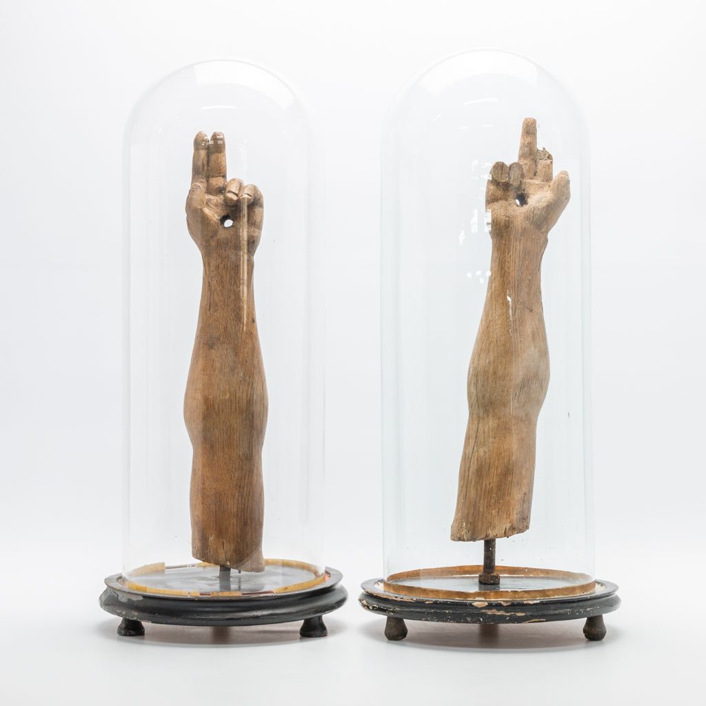 Null A pair of wood sculptures, 'The arms of Christ', mounted on a stand and dis&hellip;