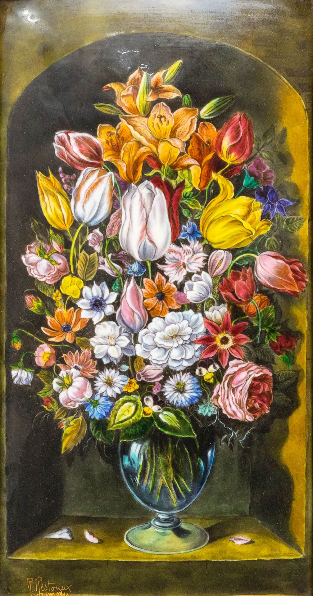 Null René RESTOUEIX (1924) "Un tableau de fleurs" peint à l'émail sur cuivre, et&hellip;