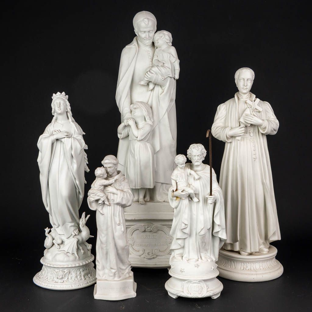 Null A collection of 5 statues of holy figurines made of white bisque porcelain,&hellip;