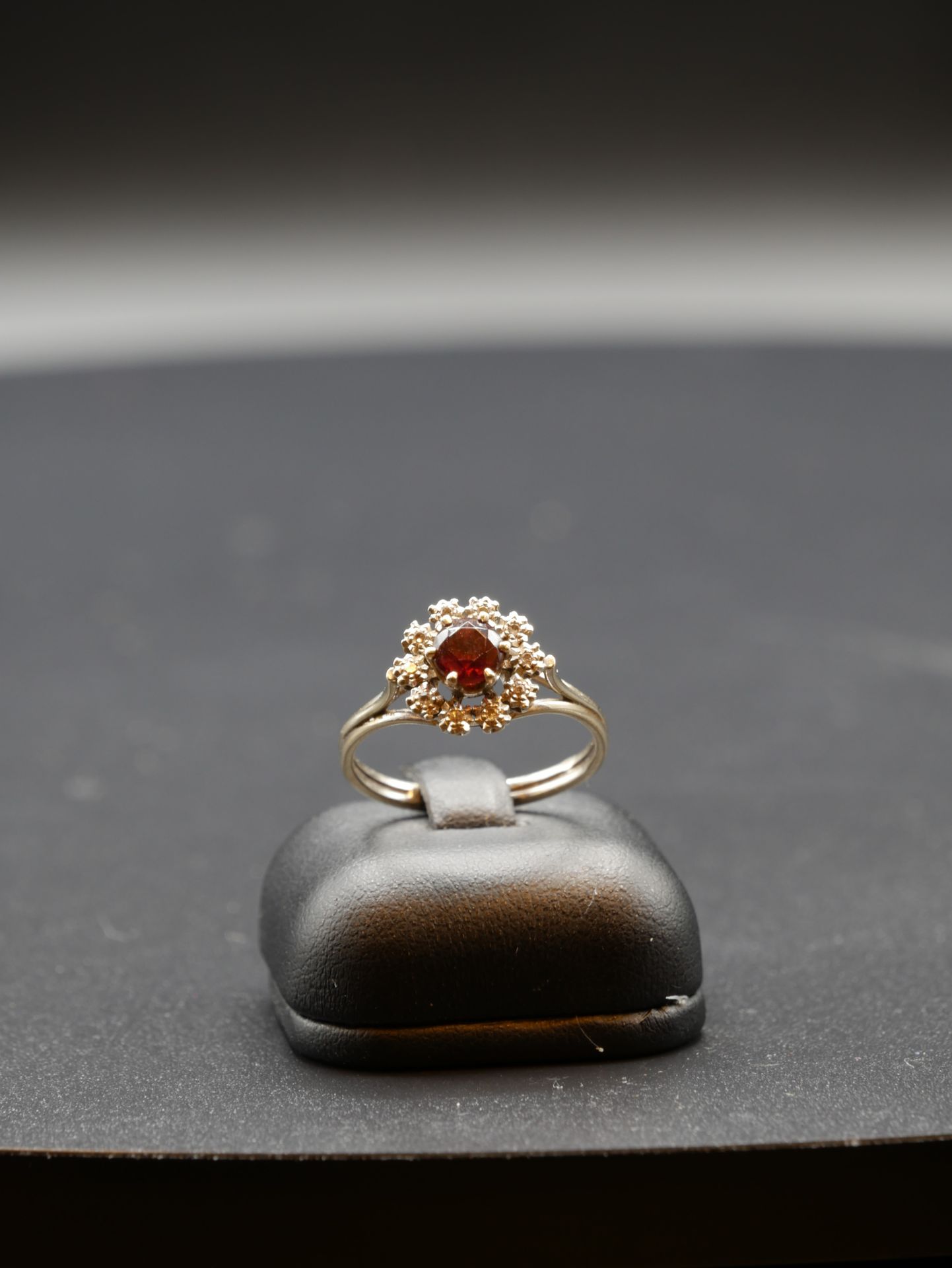 Null 
爪式镶嵌石榴石的白金戒指，周围镶有10颗小钻石。毛重: 3,50克 TDD : 58