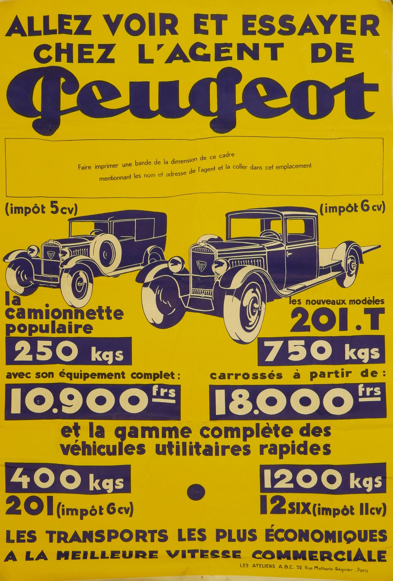 Null Lot de 2 affiches publicitaires pour concession Peugeot par les ateliers AB&hellip;