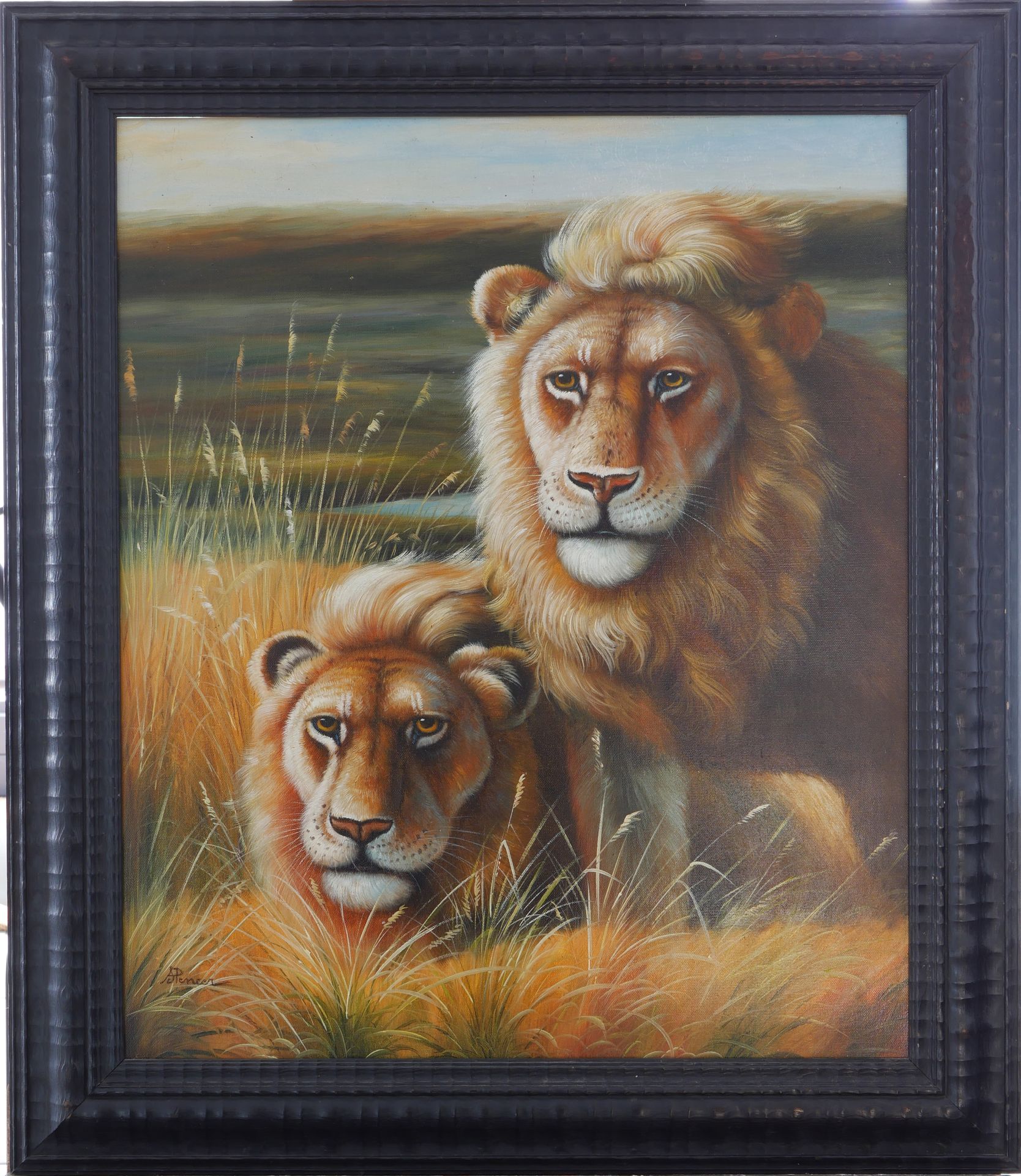Null Spencer HODGE (Né en 1943)

« Lions »

Huile sur toile.

Cadre en bois noir&hellip;