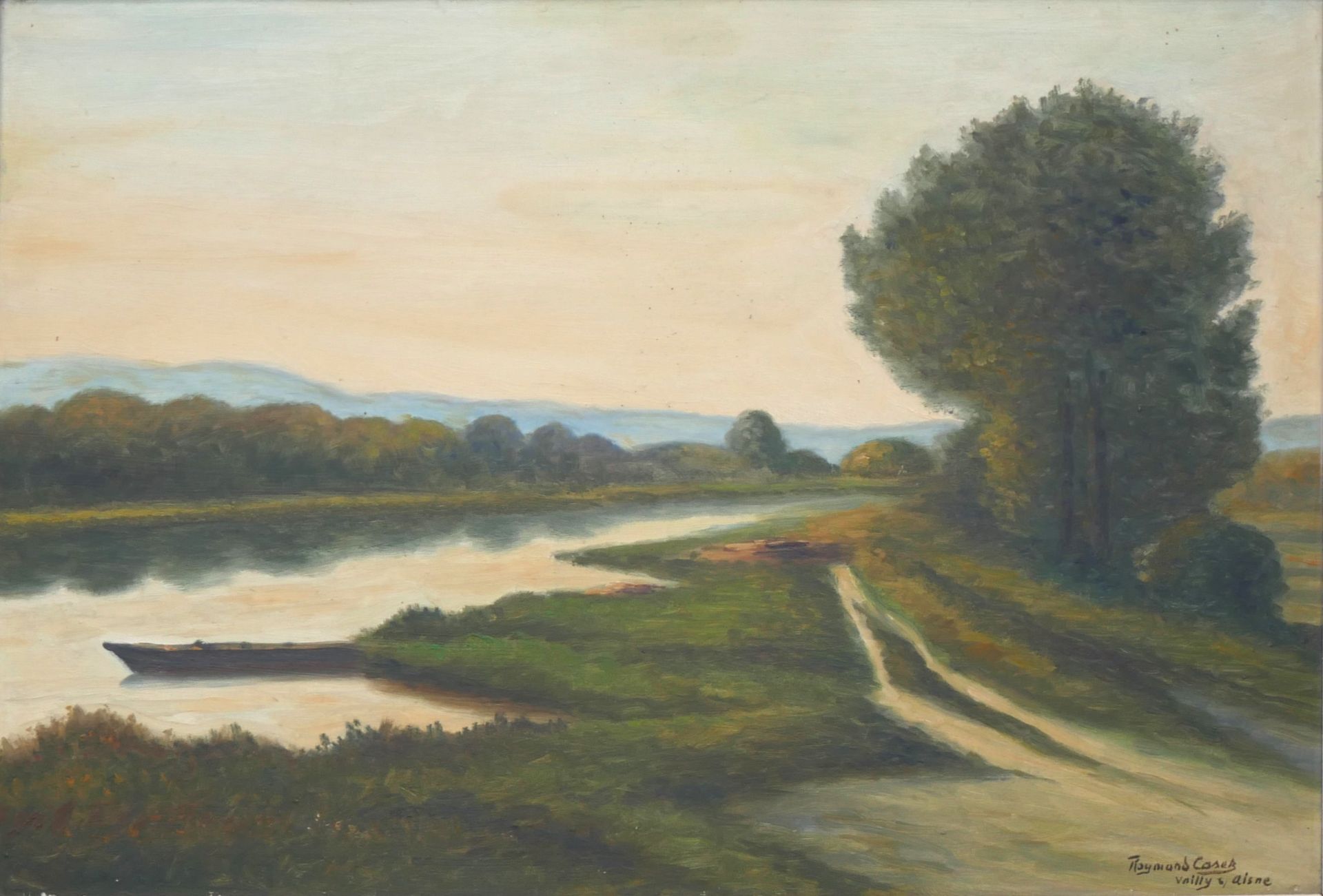 Null 雷蒙德-凯斯（20世纪）。赛纳河畔的韦利（Vailly sur Saisne）景观。Isorel上的油彩，签名并位于右下方。38 x 55厘米。
