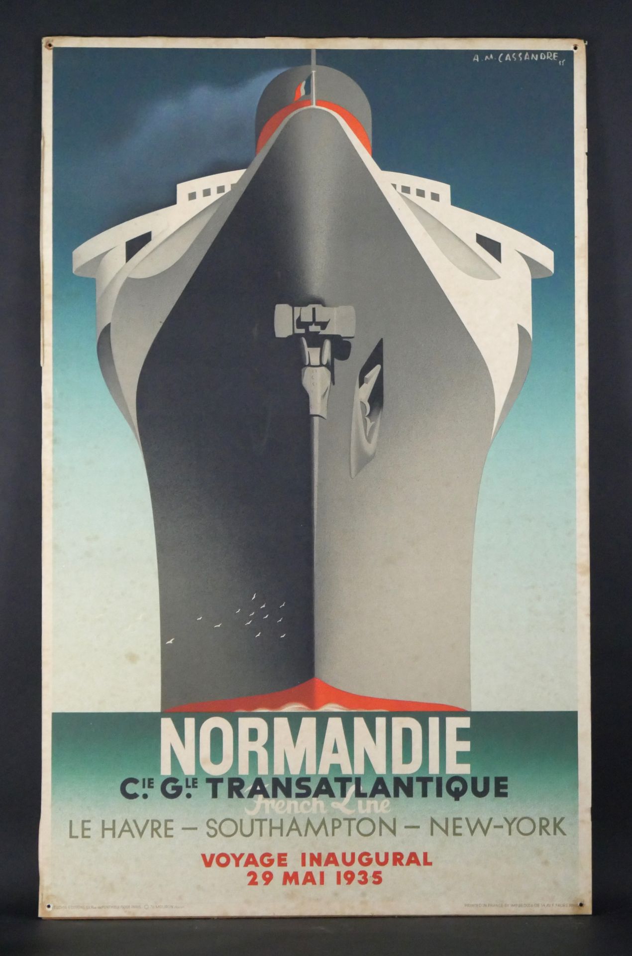 Null Adolphe Mouron Cassandre (1901 - 1968), after. (边框有轻微撕裂，有挂孔）。诺曼底号邮轮的海报。印刷品右&hellip;