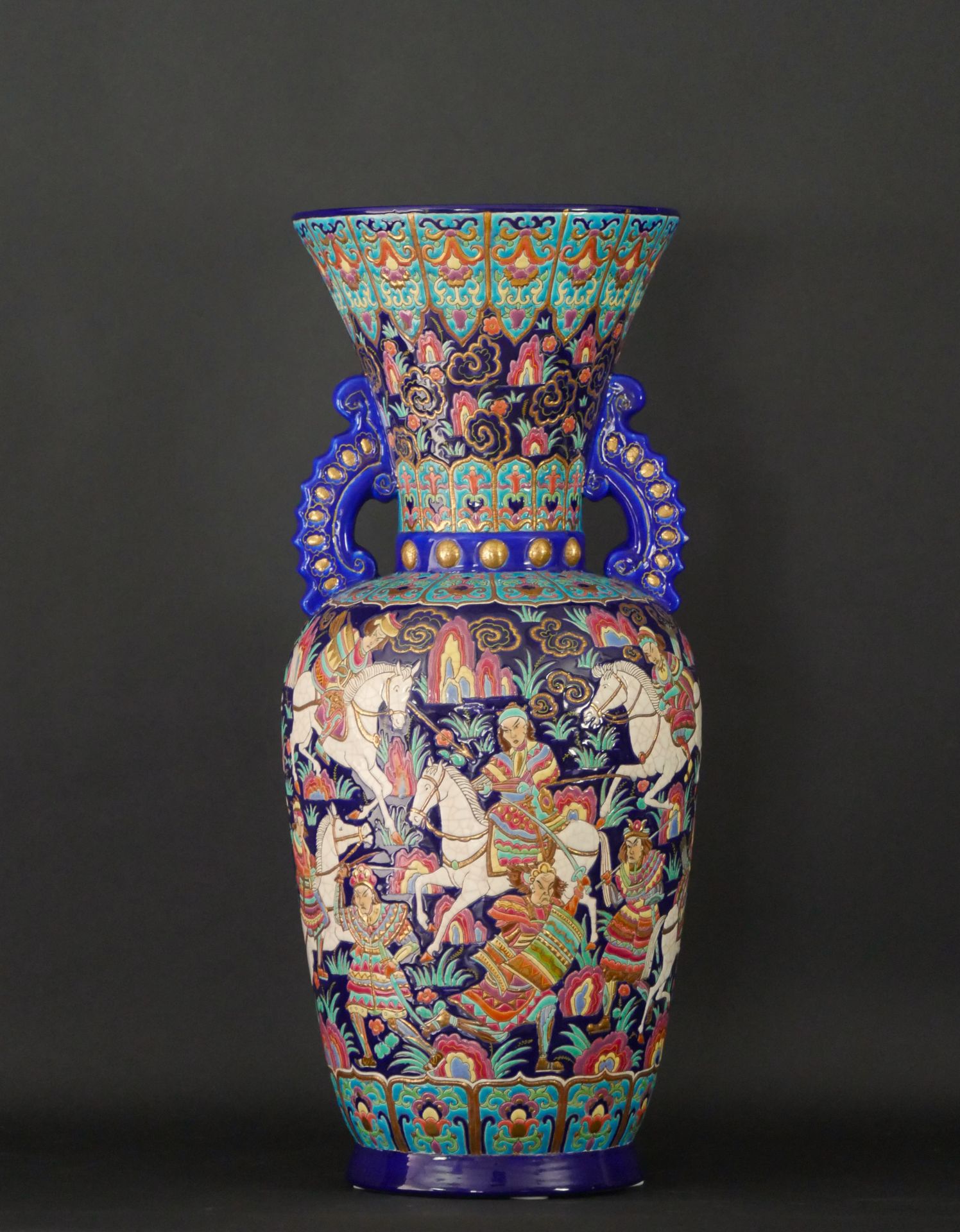 Null 
LONGWY, Maurice-Paul CHEVALLIER
VASE WITH WARRIOR RIDERS, 1946

On a circu&hellip;