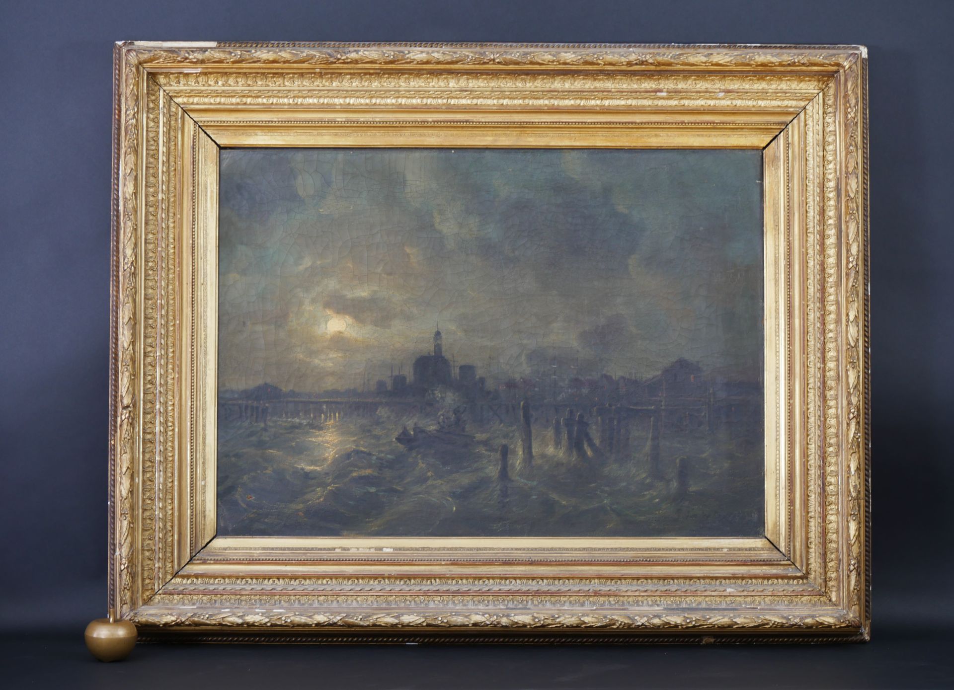 Null 弗莱米什学校 19世纪。港口的夜景。布面油画，右下角有一个未解密的签名。59,5 x 84厘米（画布意外）。
