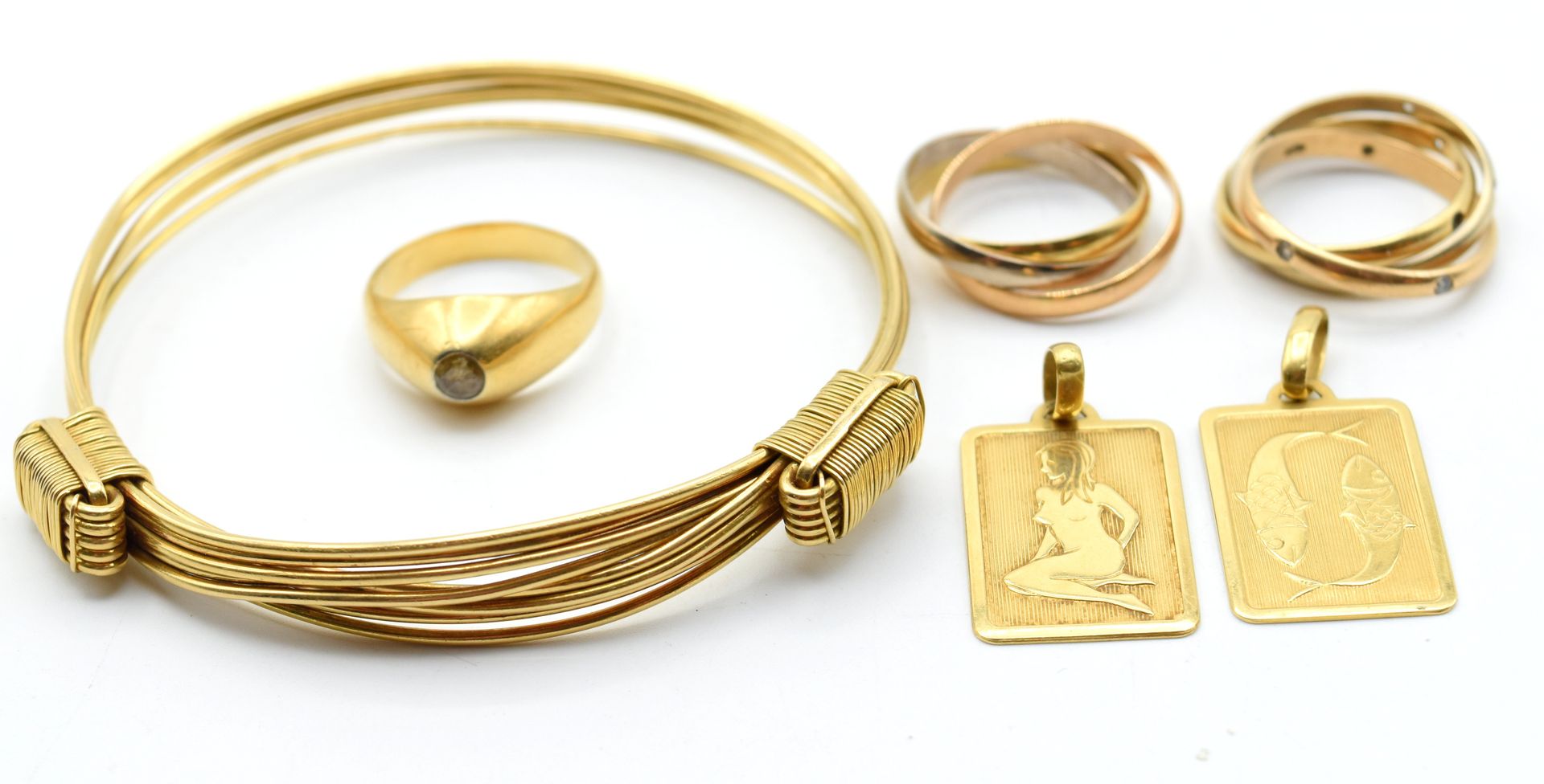 Null 18 ct gold signet ring, 2 rings, 2 pendants and hard bracelet in 3 colors (&hellip;