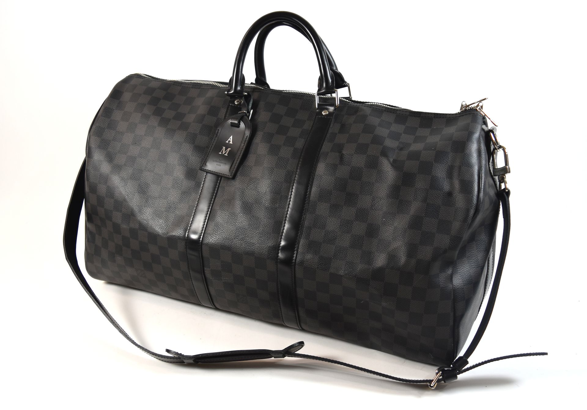 Null Travel bag in leather and black Damier canvas LOUIS VUITTON (some stains, p&hellip;