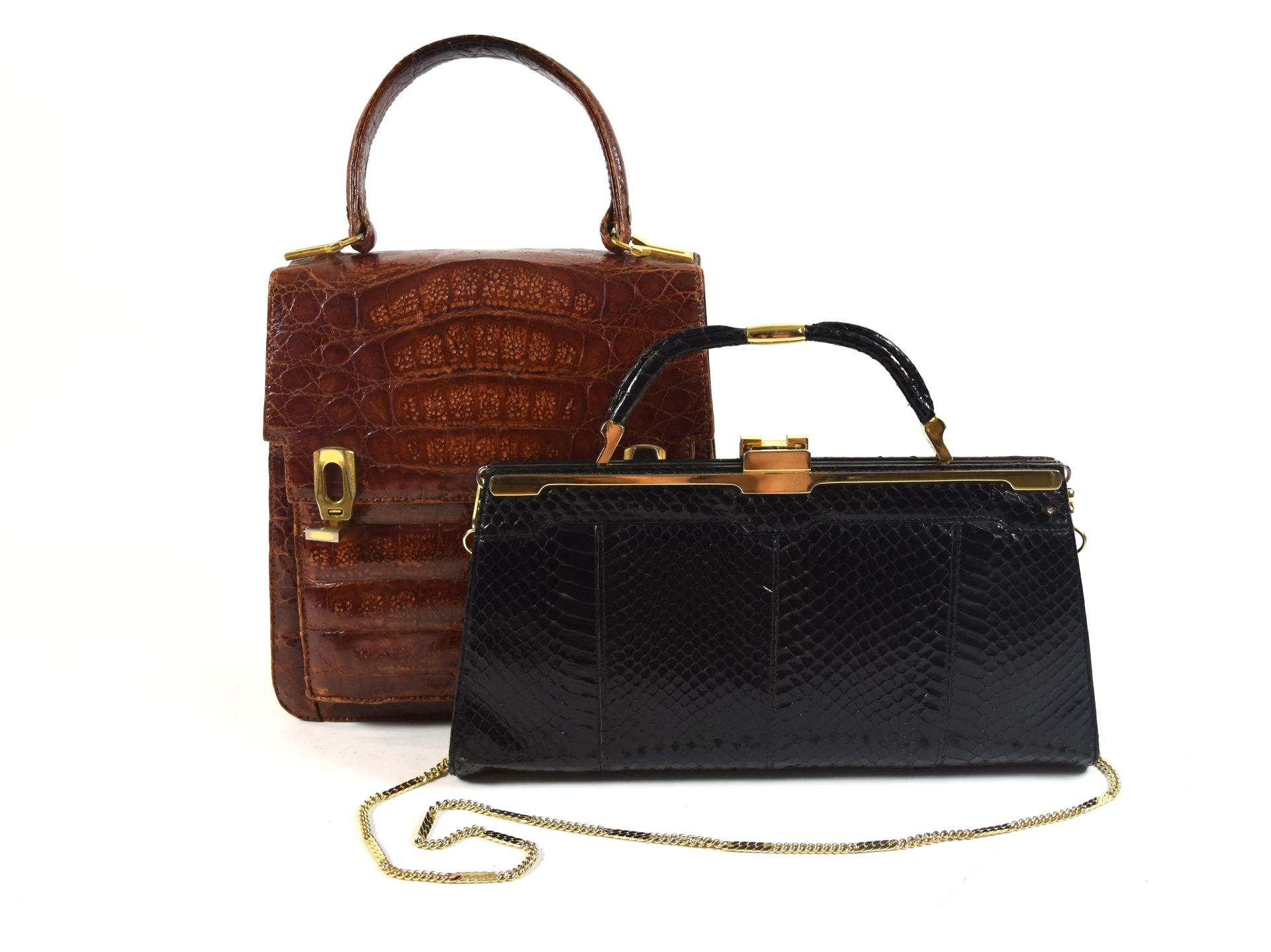 Null 1 brown crocodile handbag (damaged, stained) (25 x 25 x 9 cm) 1 black snake&hellip;