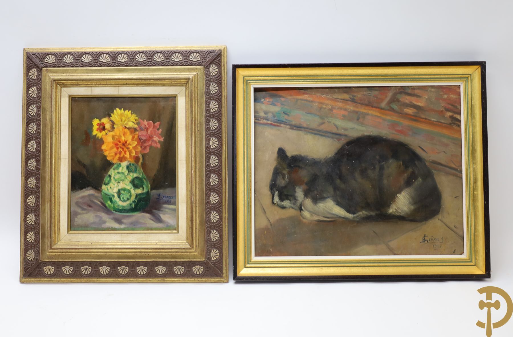 Null GEUENS签署。花卉静物》板上油画+GEUENS签名。1946年 《躺着的猫》板面油画（背面有研究） | 29 x 24 - 38 x 46