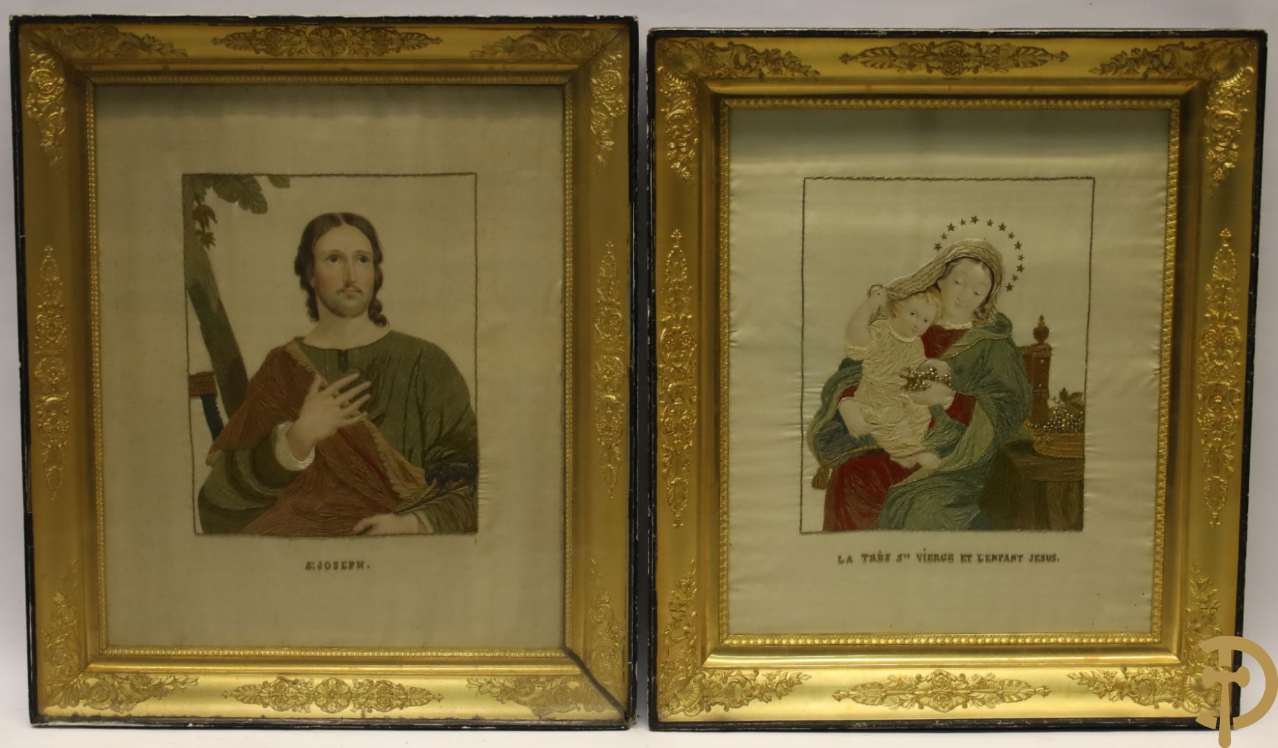 Null 鎏金帝国框架内的宗教锦缎 "圣约瑟夫 "和 "La très Ste. Vierge et l enfant Jesus" | 71 x 60