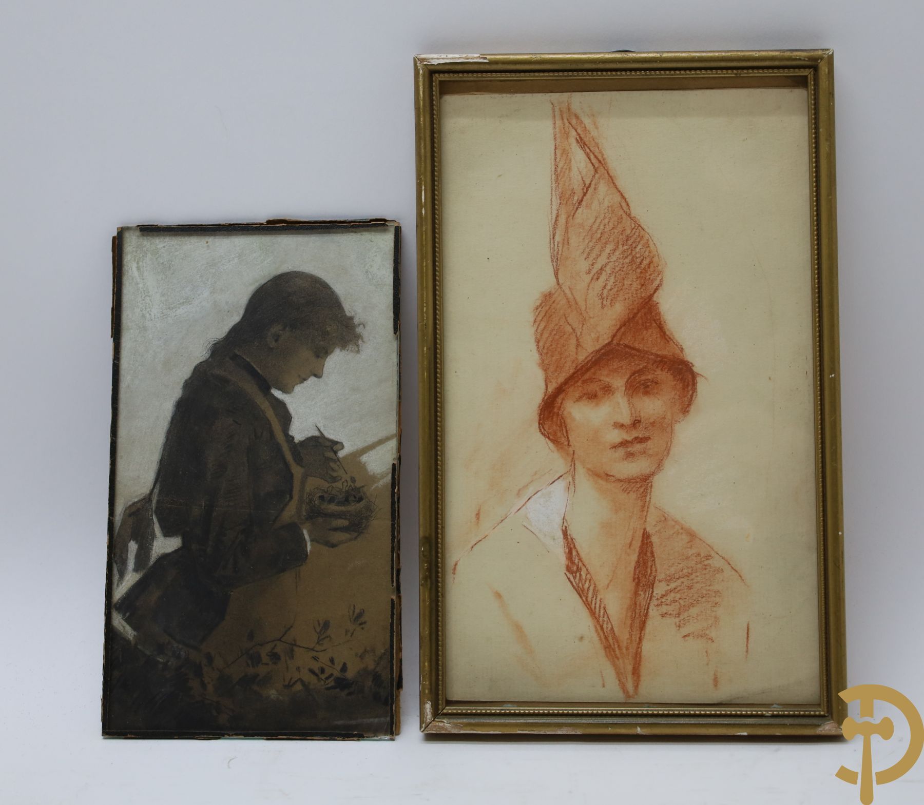 Null 无署名（但丁-加布里埃尔-罗塞蒂在后面）《年轻女士喂鸟》铅笔和粉彩画+无署名的《戴帽子的女士》桑戈尔 | 19.5 x 11 - 23 x 14