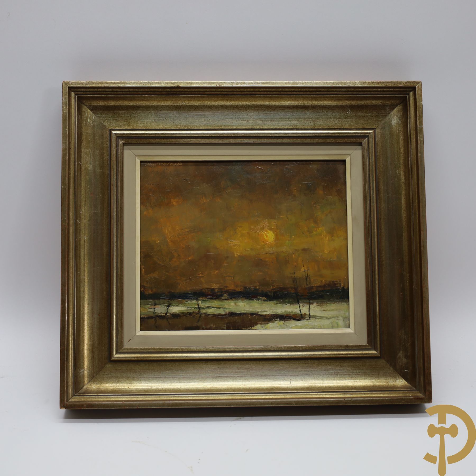 Null DOOMS get. 'Winter river landscape with setting sun' oil on unalite panel |&hellip;
