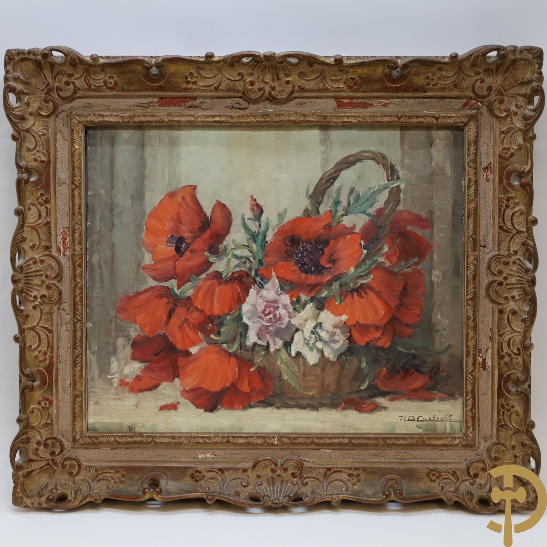 Null VANDECASTEELE get. 'Poppies in Basket' oil on canvas | 50 x 60 - Dimensions&hellip;