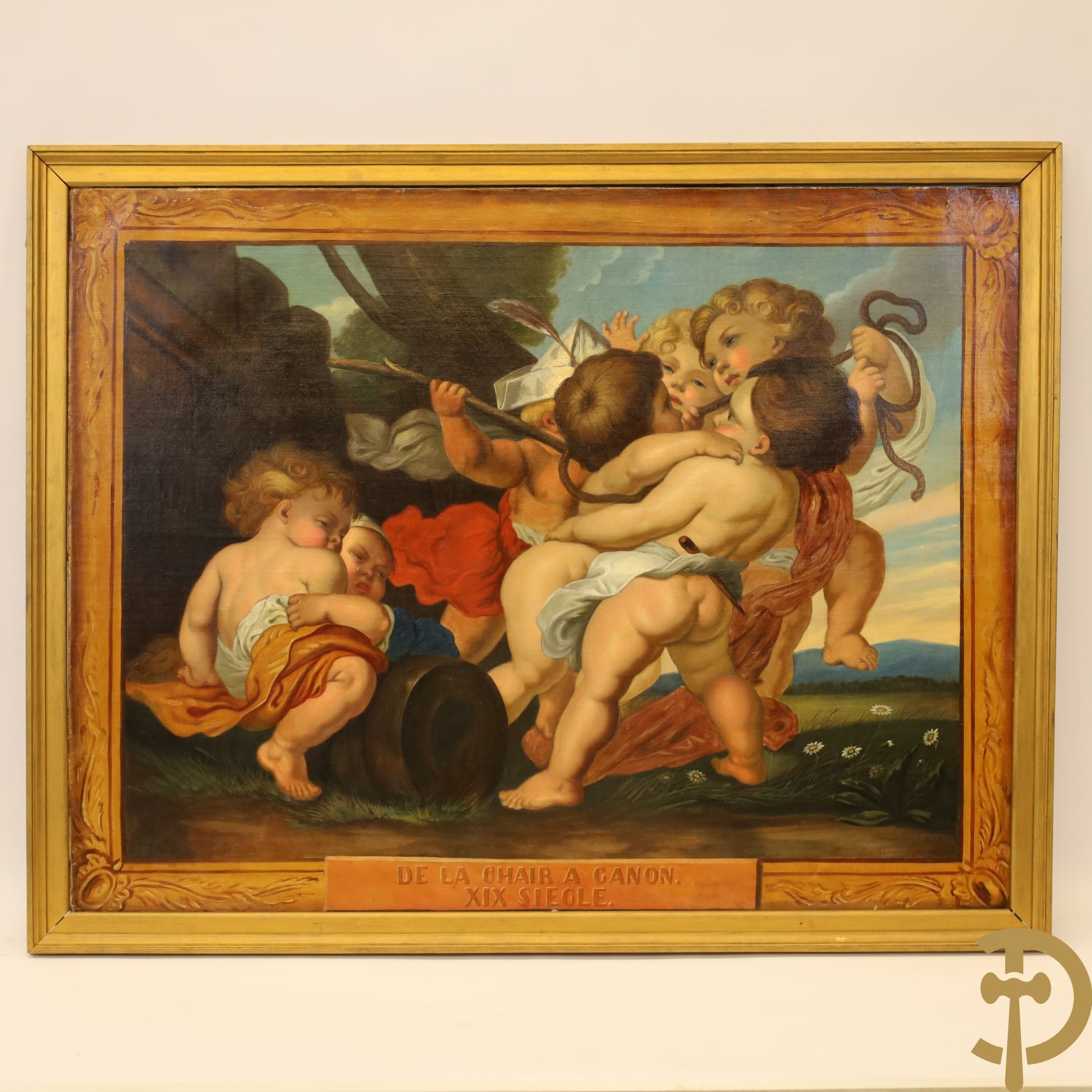 Null KERREMANS titled. 'De La Chair à Canon, seven romping cupids' oil on canvas&hellip;