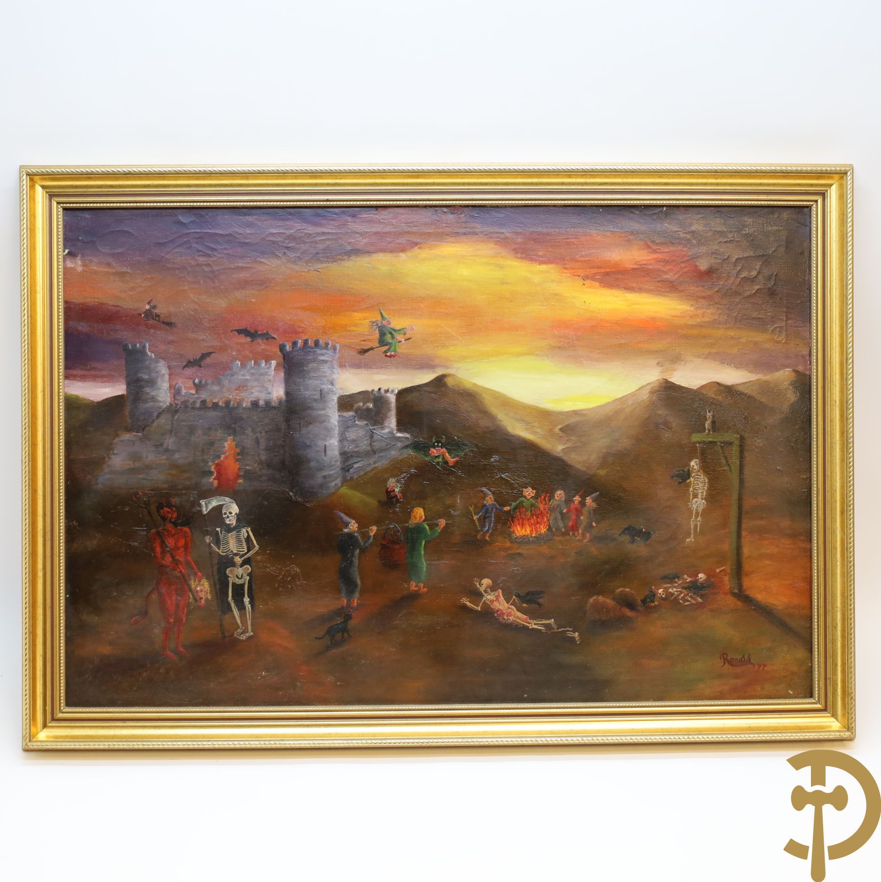 Null 罗纳德'77得到。即兴景观与城堡、骷髅、魔鬼和女巫》油画|60 x 90 - 带框架尺寸70 x 100