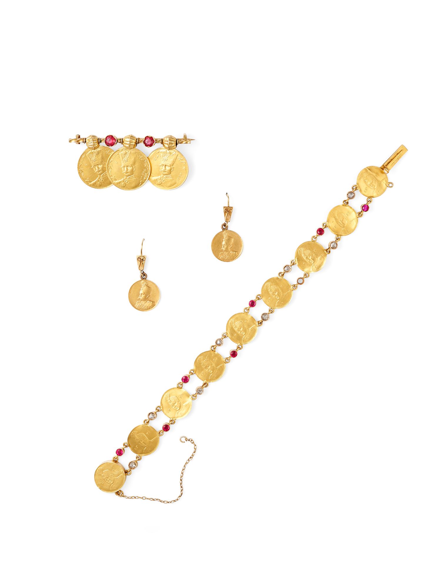 Null PERSIAN GOLD COINS (TOMANS) DEMI PARURE In 18K yellow gold, comprising a br&hellip;